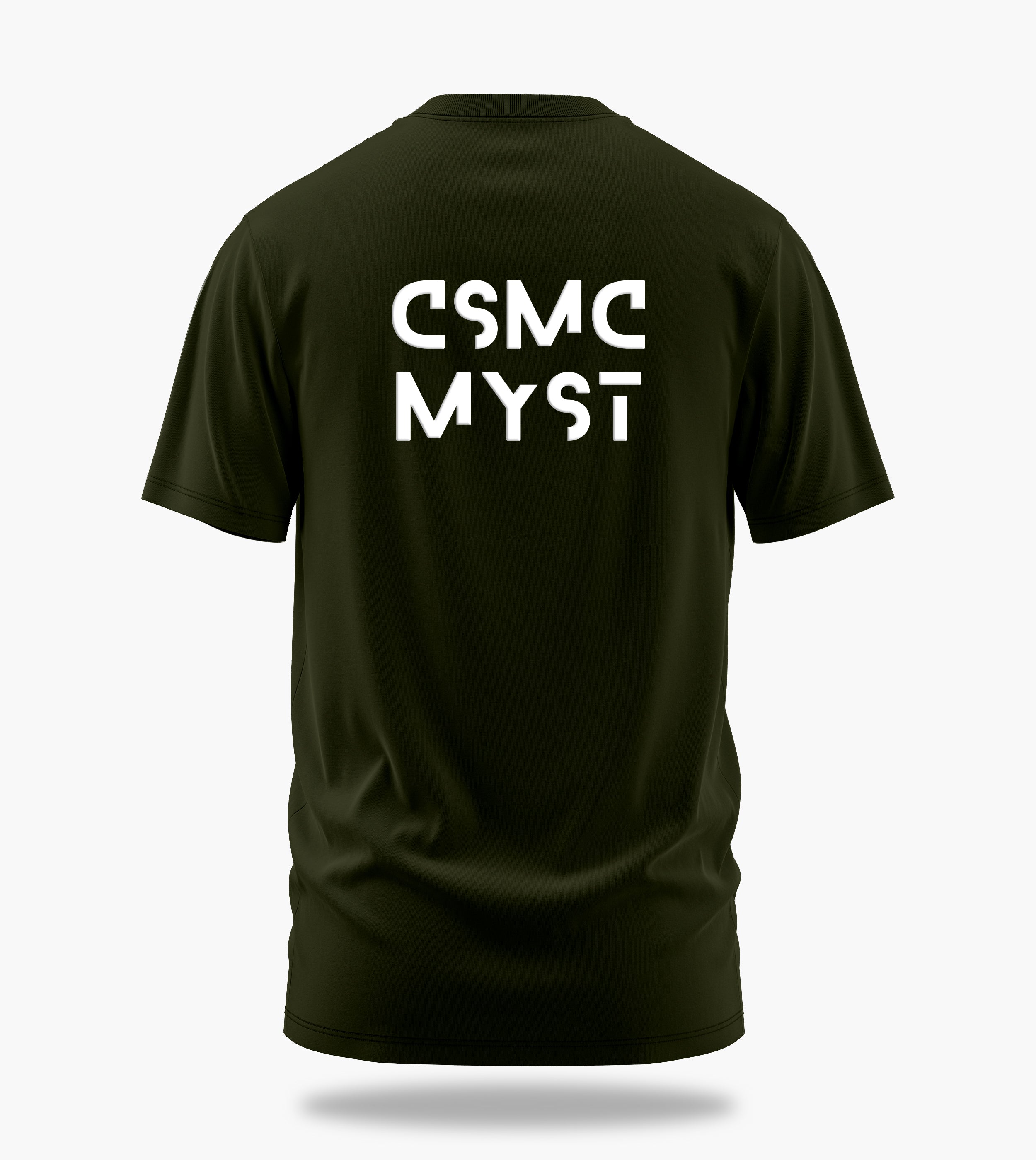 cosmic myst essentials alpha backprint graphic t-shirt, olive green, back view