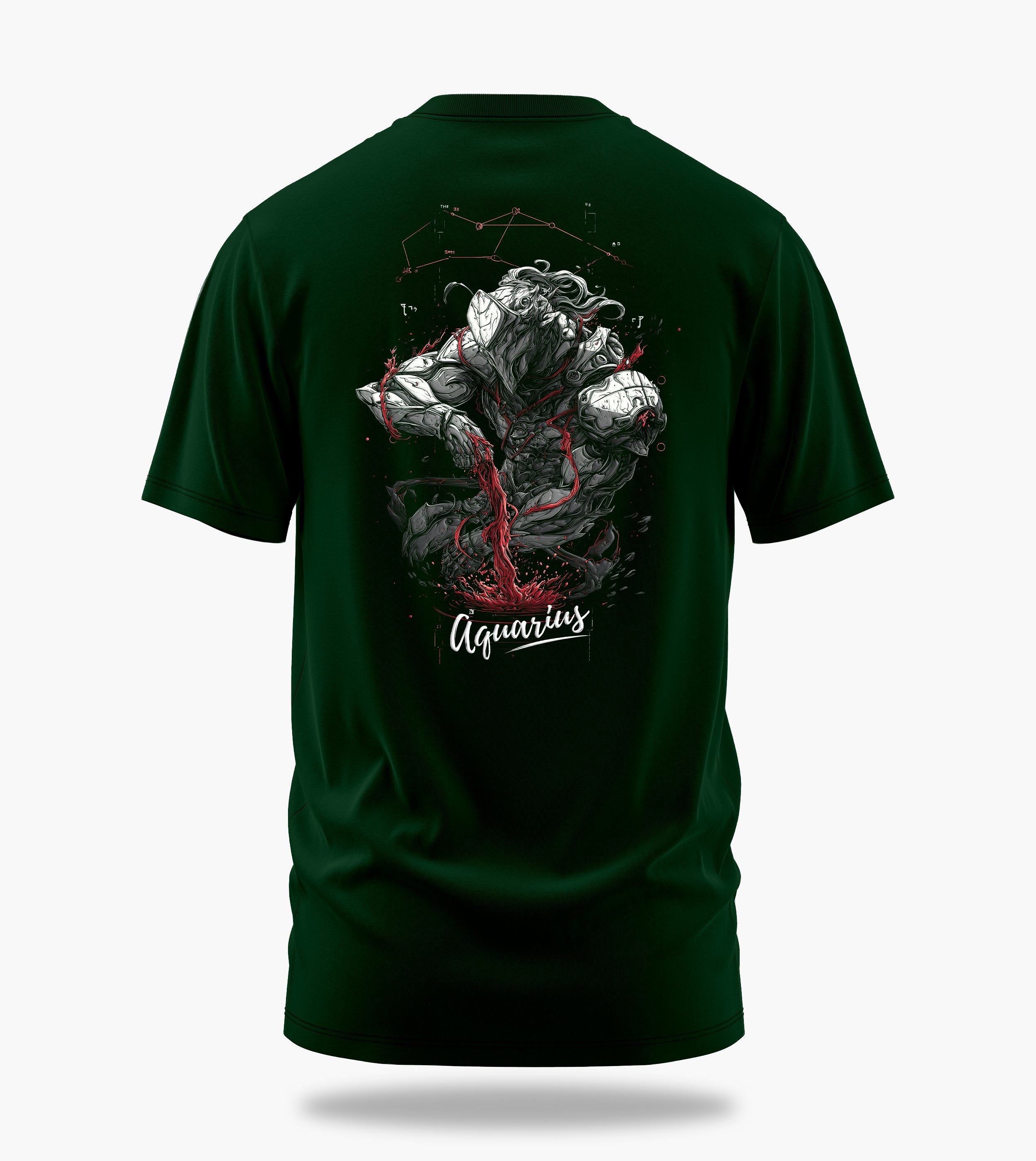 cosmic zodiac warrior aquarius backprint graphic t-shirt, dark green, back view