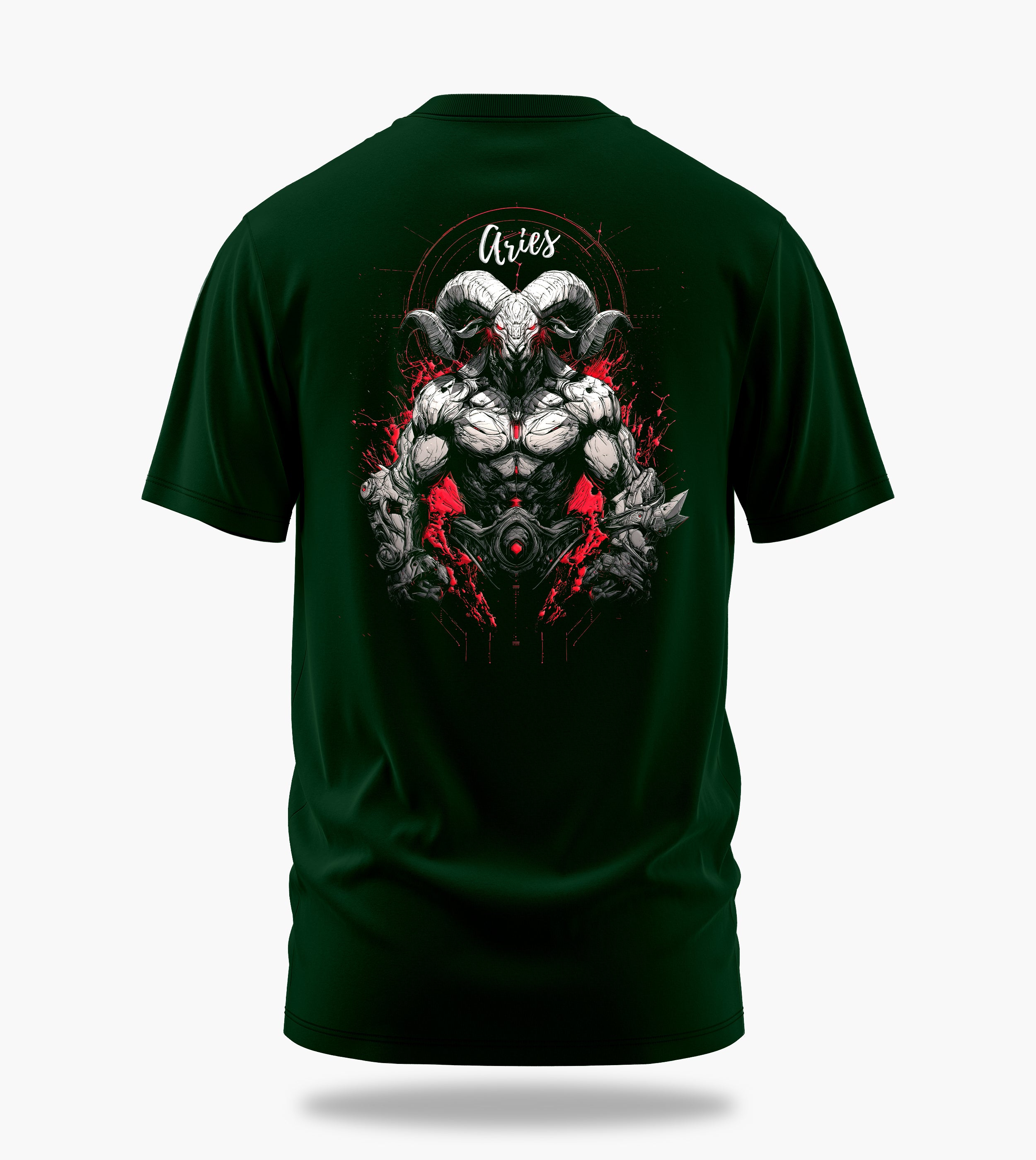 cosmic zodiac warrior aries backprint graphic t-shirt, dark green, back view