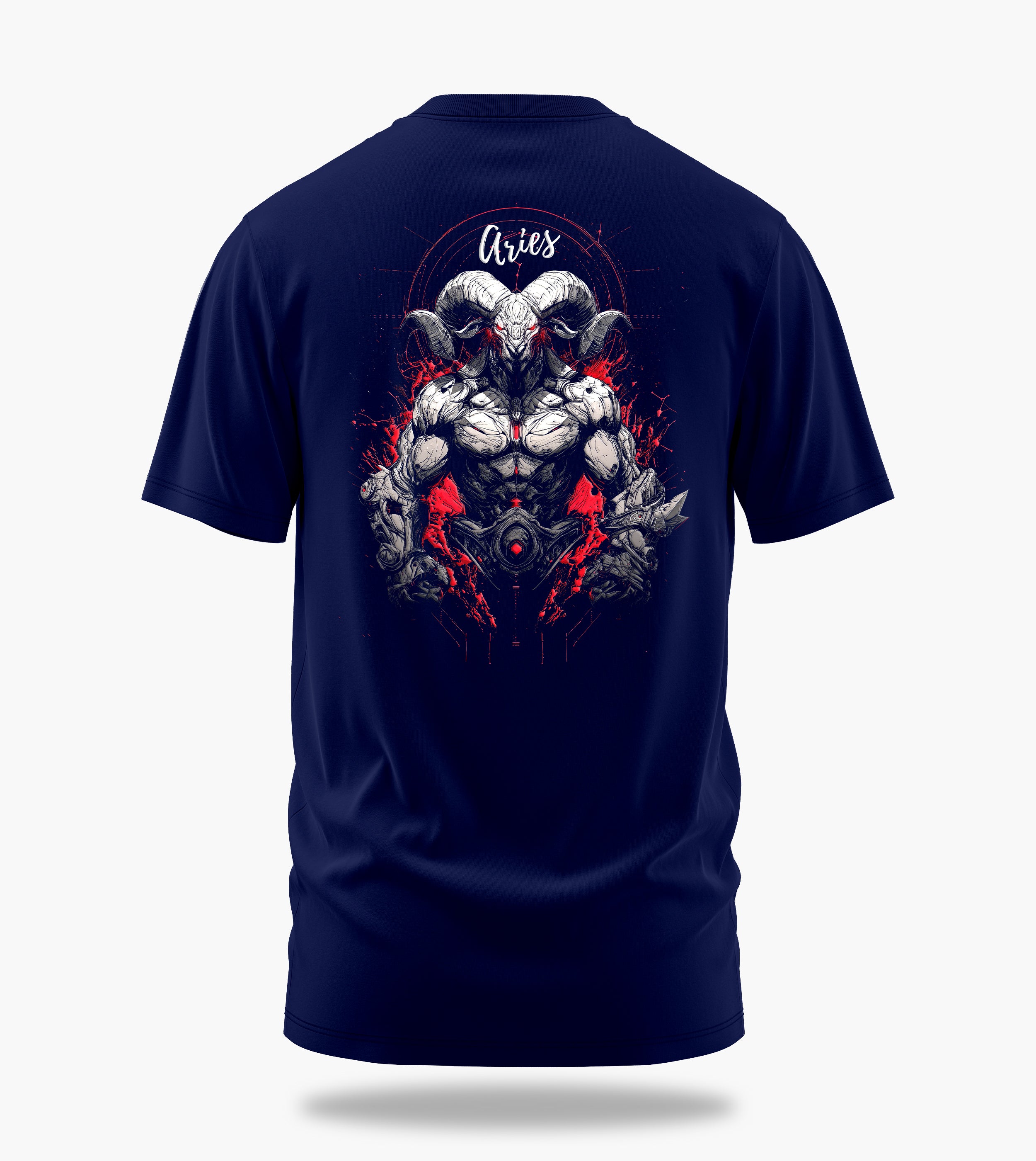 cosmic zodiac warrior aries backprint graphic t-shirt, navy blue, back view