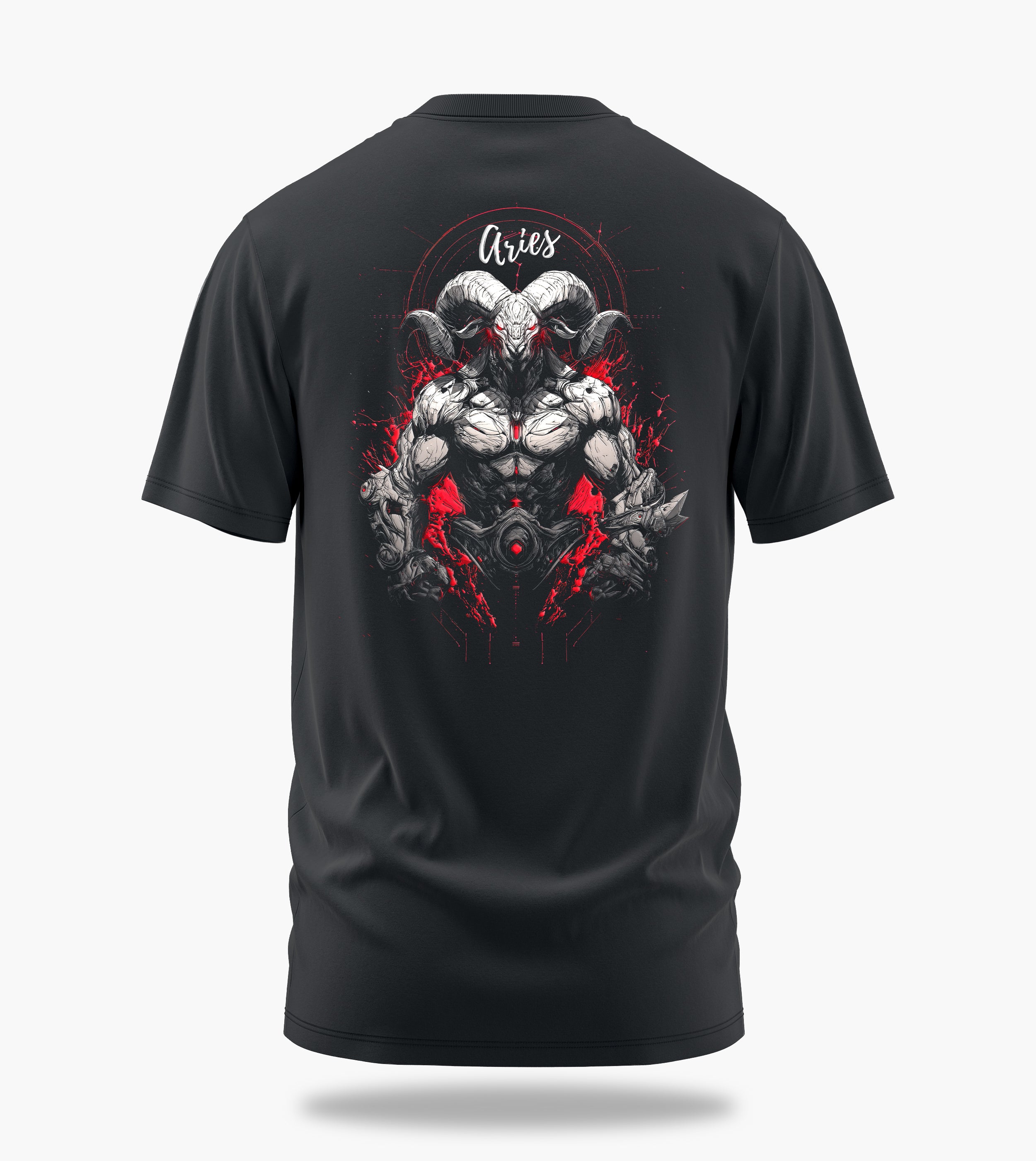 cosmic zodiac warrior aries backprint graphic t-shirt, steel grey, back view