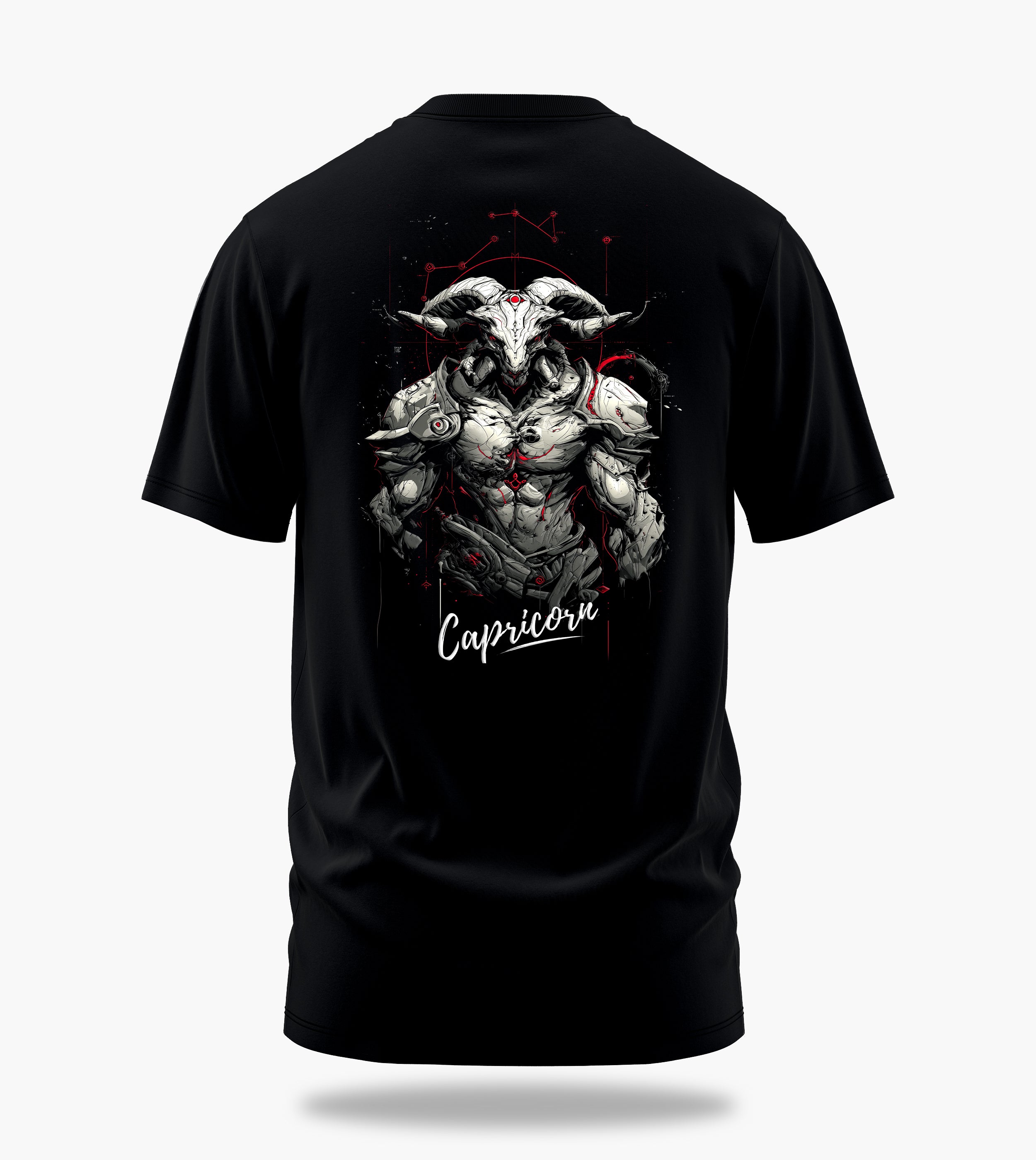 cosmic zodiac warrior capricorn backprint graphic t-shirt, black, back view