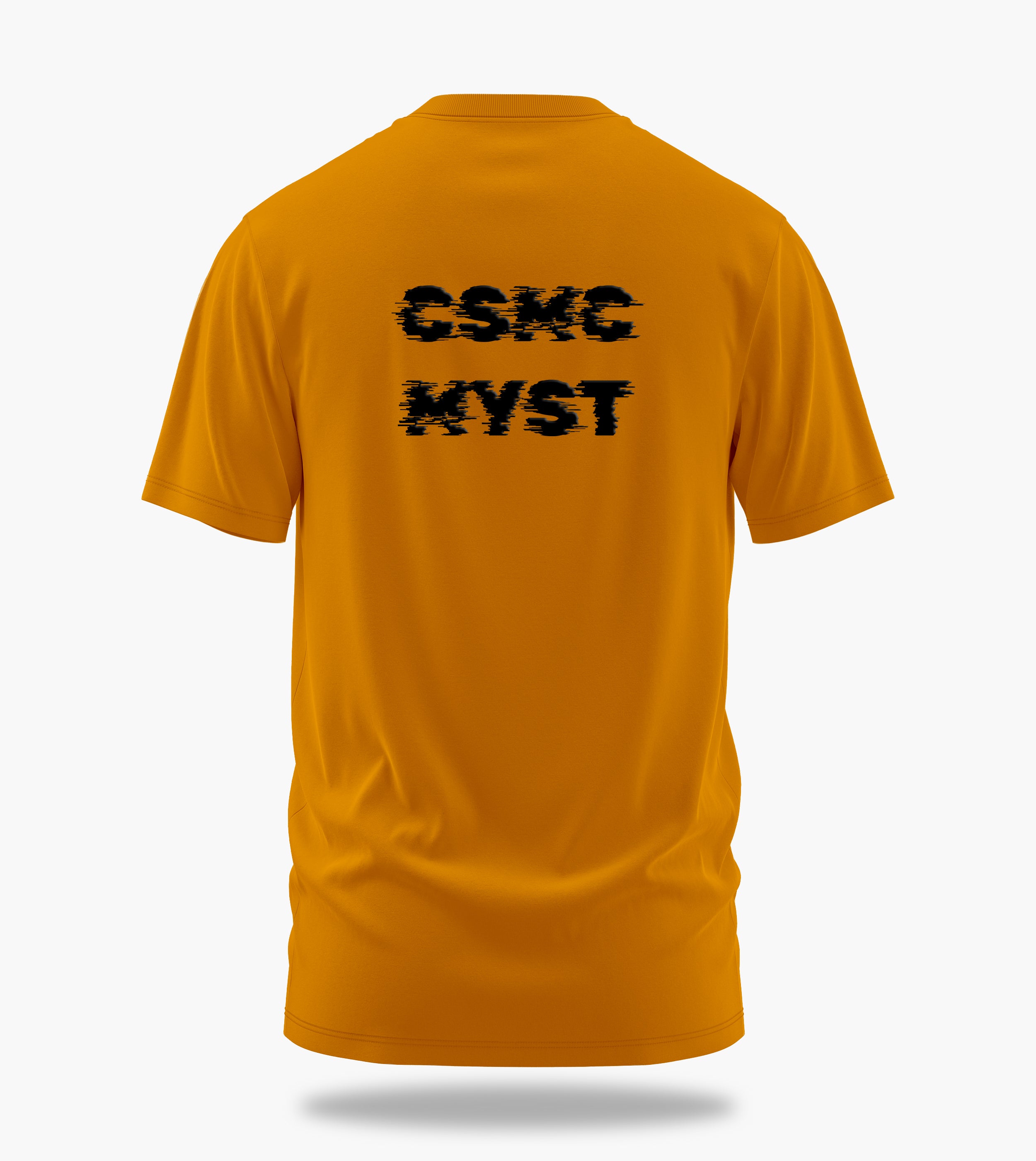 cosmic myst essentials charlie backprint graphic t-shirt, golden yellow, back view