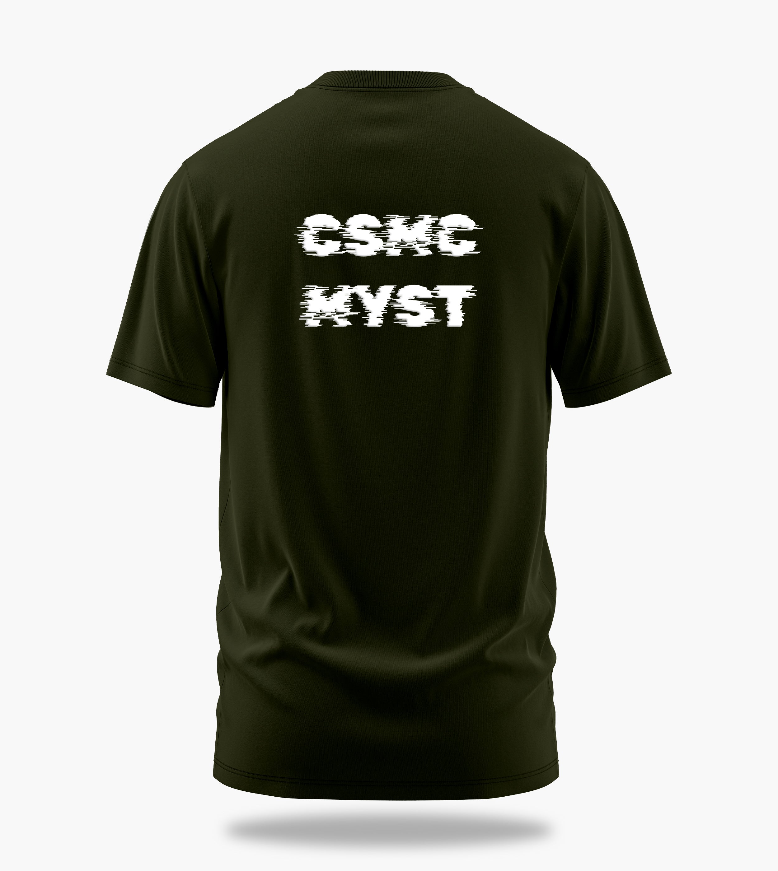 cosmic myst essentials charlie backprint graphic t-shirt, olive green, back view
