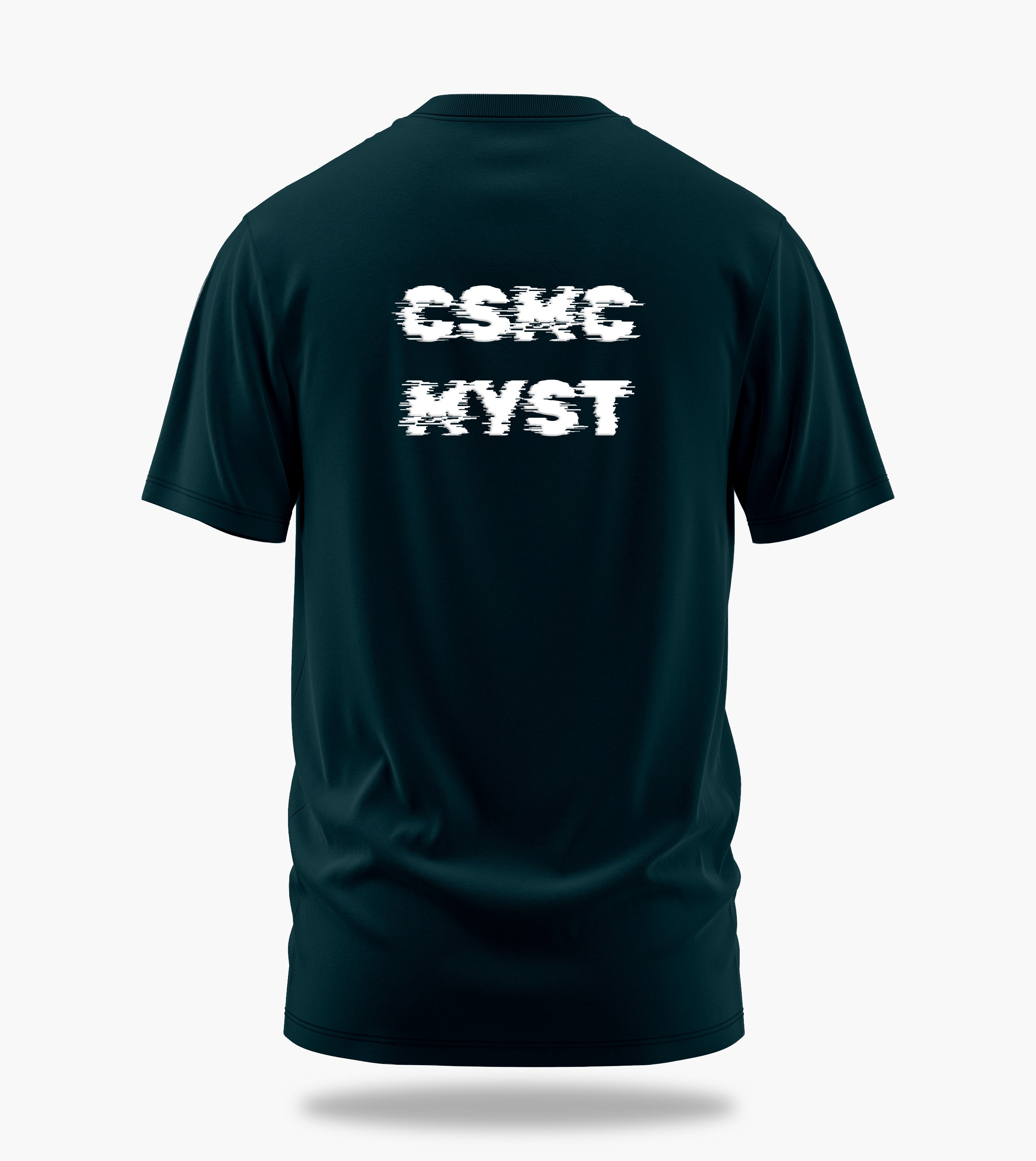 cosmic myst essentials charlie backprint graphic t-shirt, petrol blue, back view