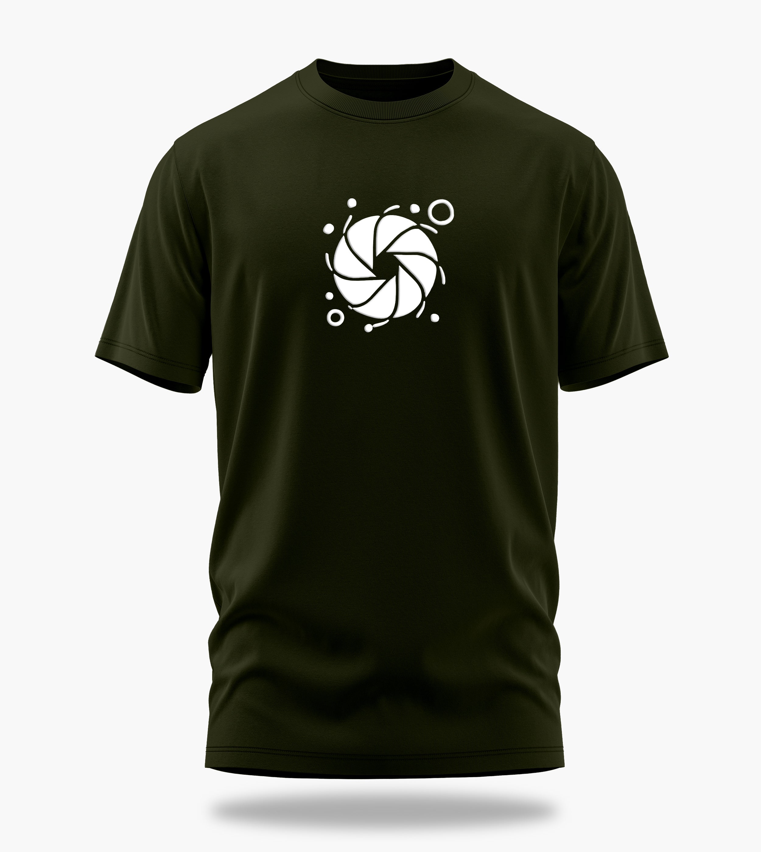 cosmic myst essentials alpha backprint graphic t-shirt, olive green, front view