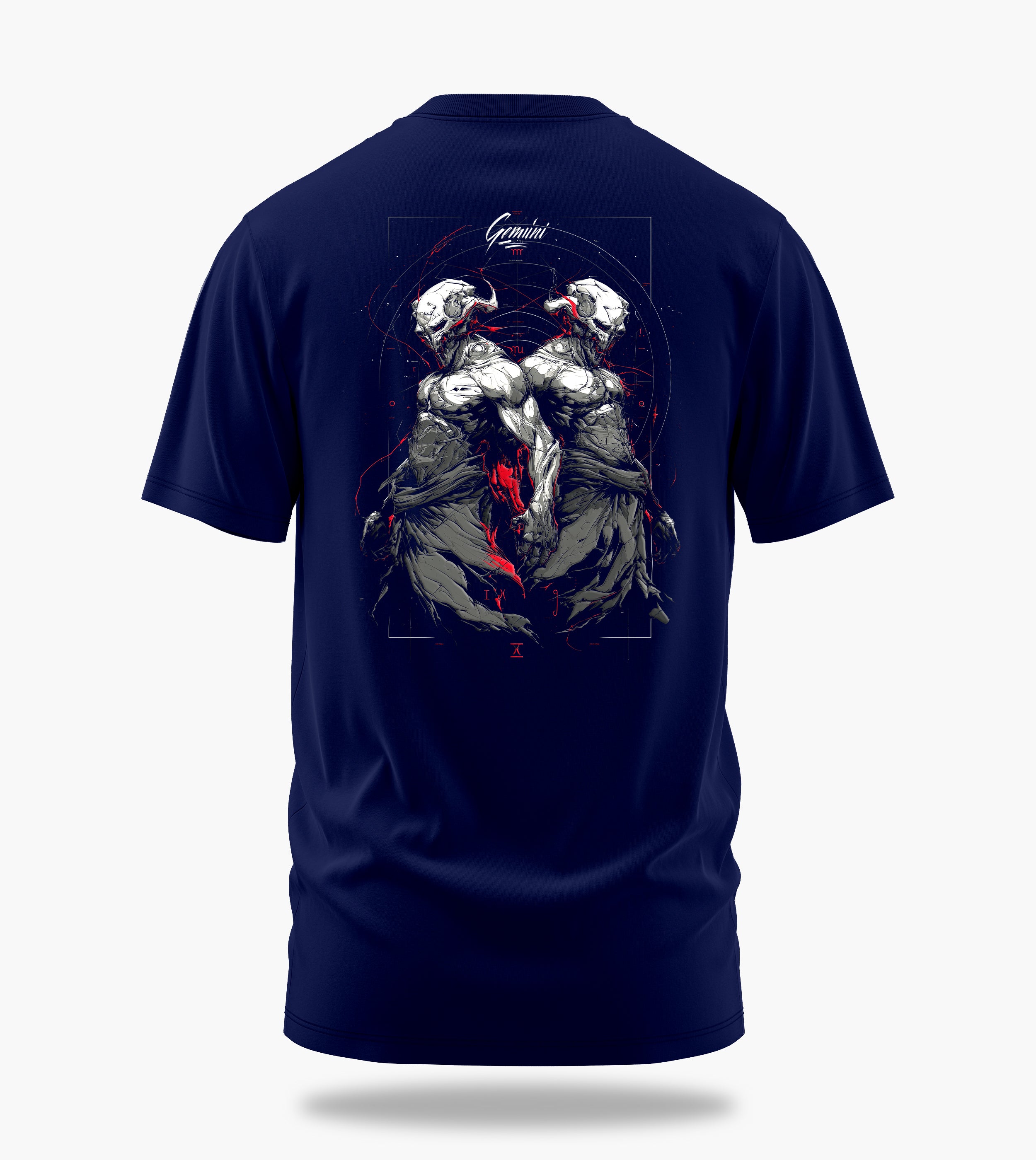 cosmic zodiac warrior gemini backprint graphic t-shirt, navy blue, back view