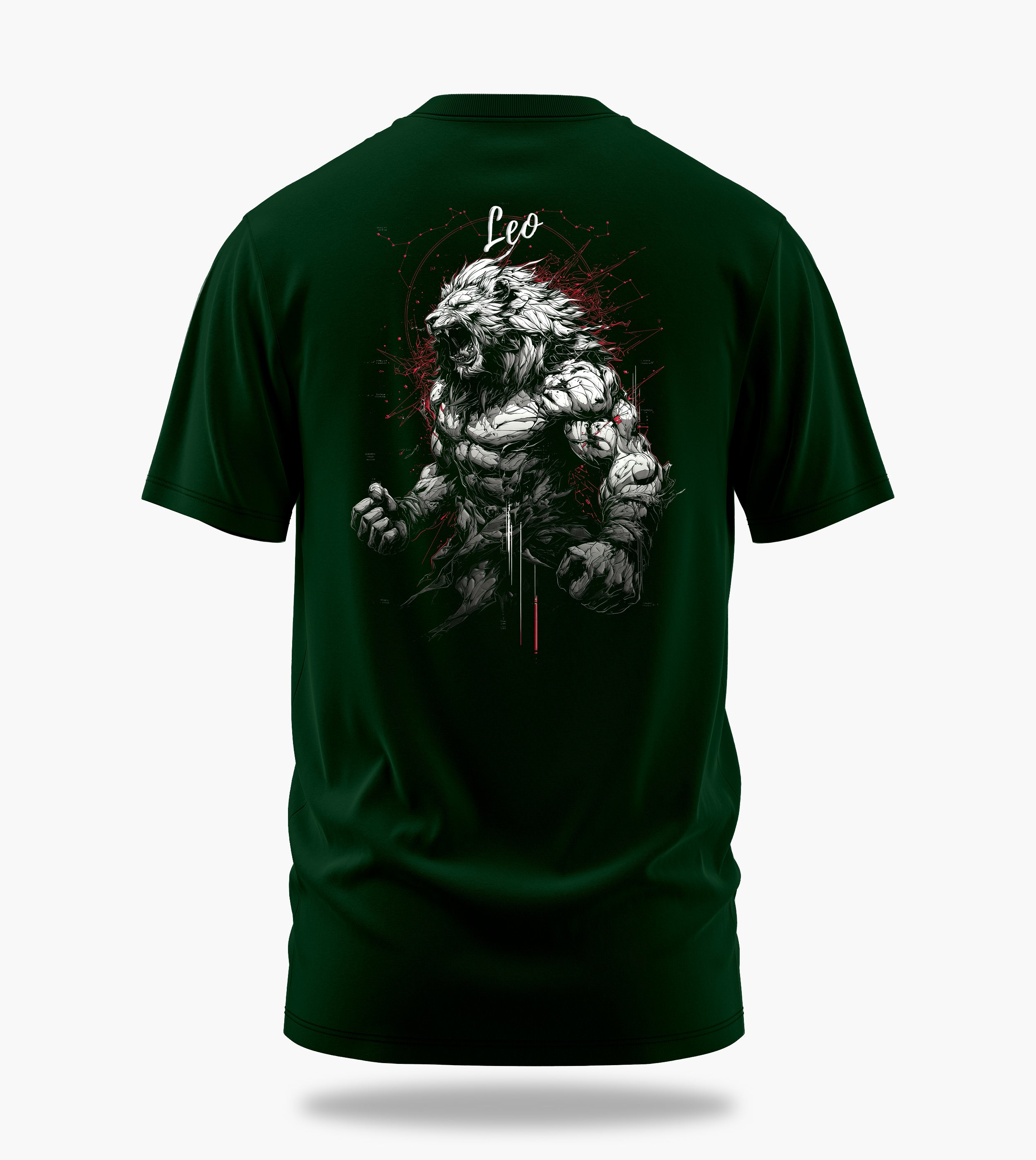 cosmic zodiac warrior leo backprint graphic t-shirt, dark green, back view