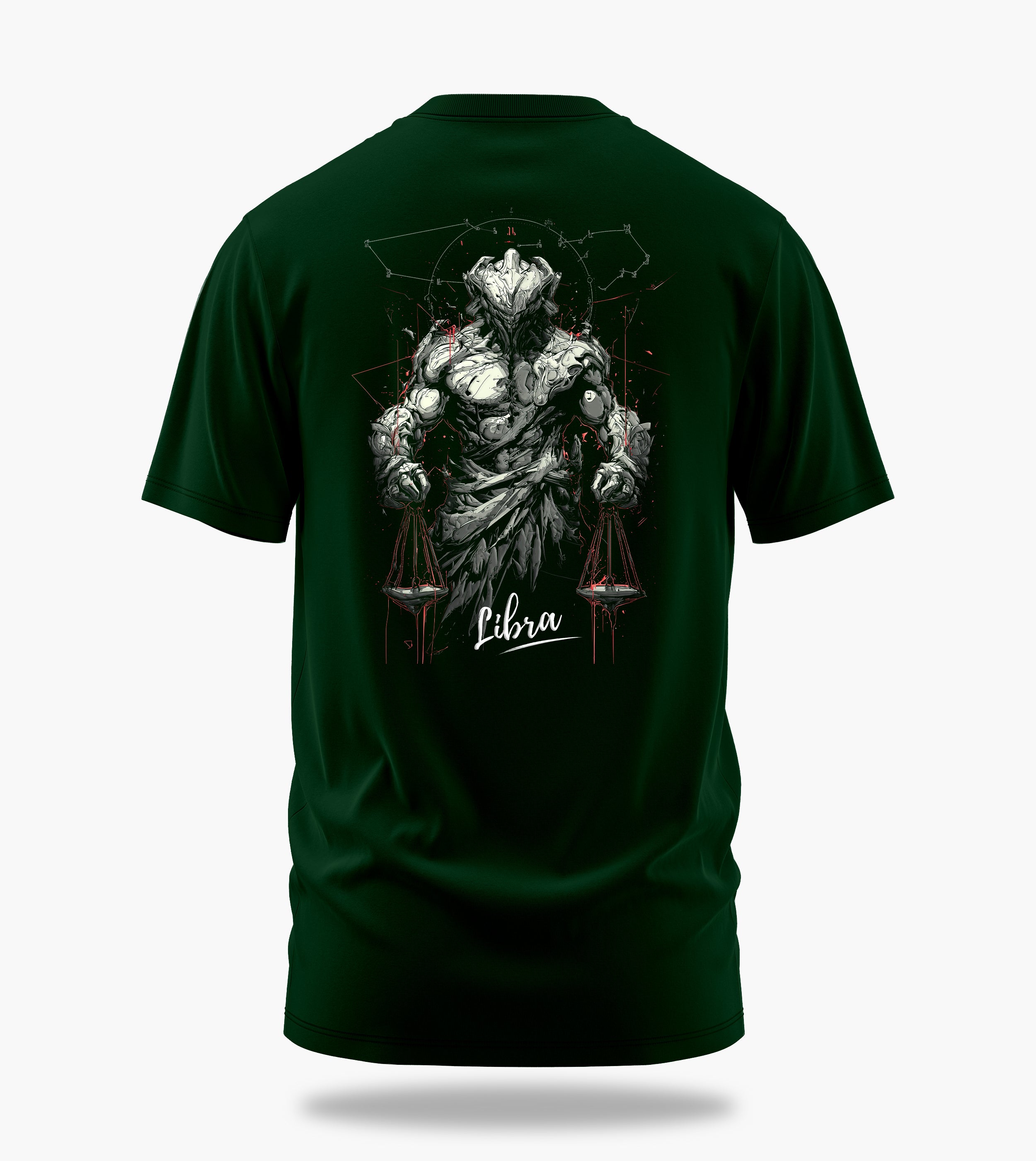 cosmic zodiac warrior libra backprint graphic t-shirt, dark green, back view
