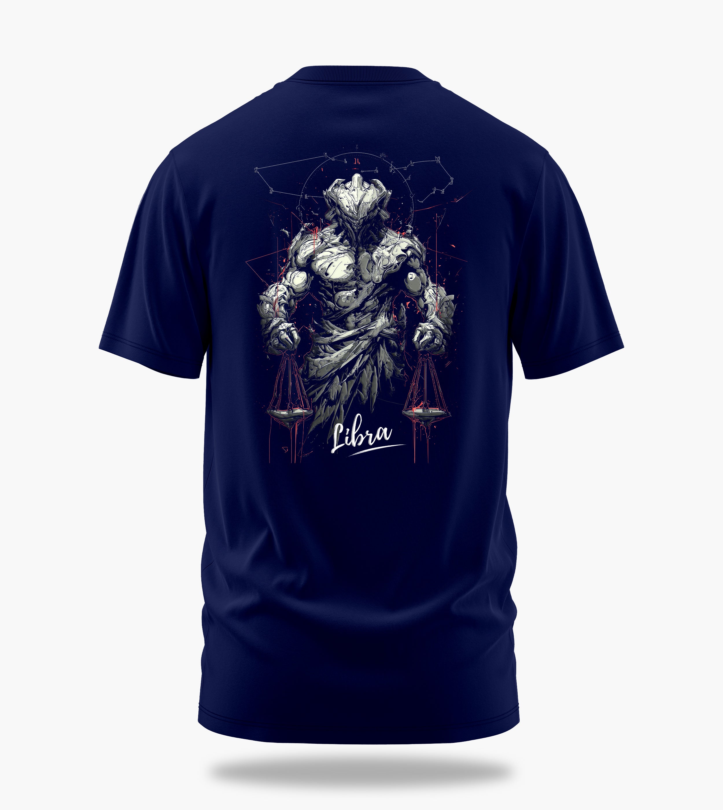 cosmic zodiac warrior libra backprint graphic t-shirt, navy blue, back view