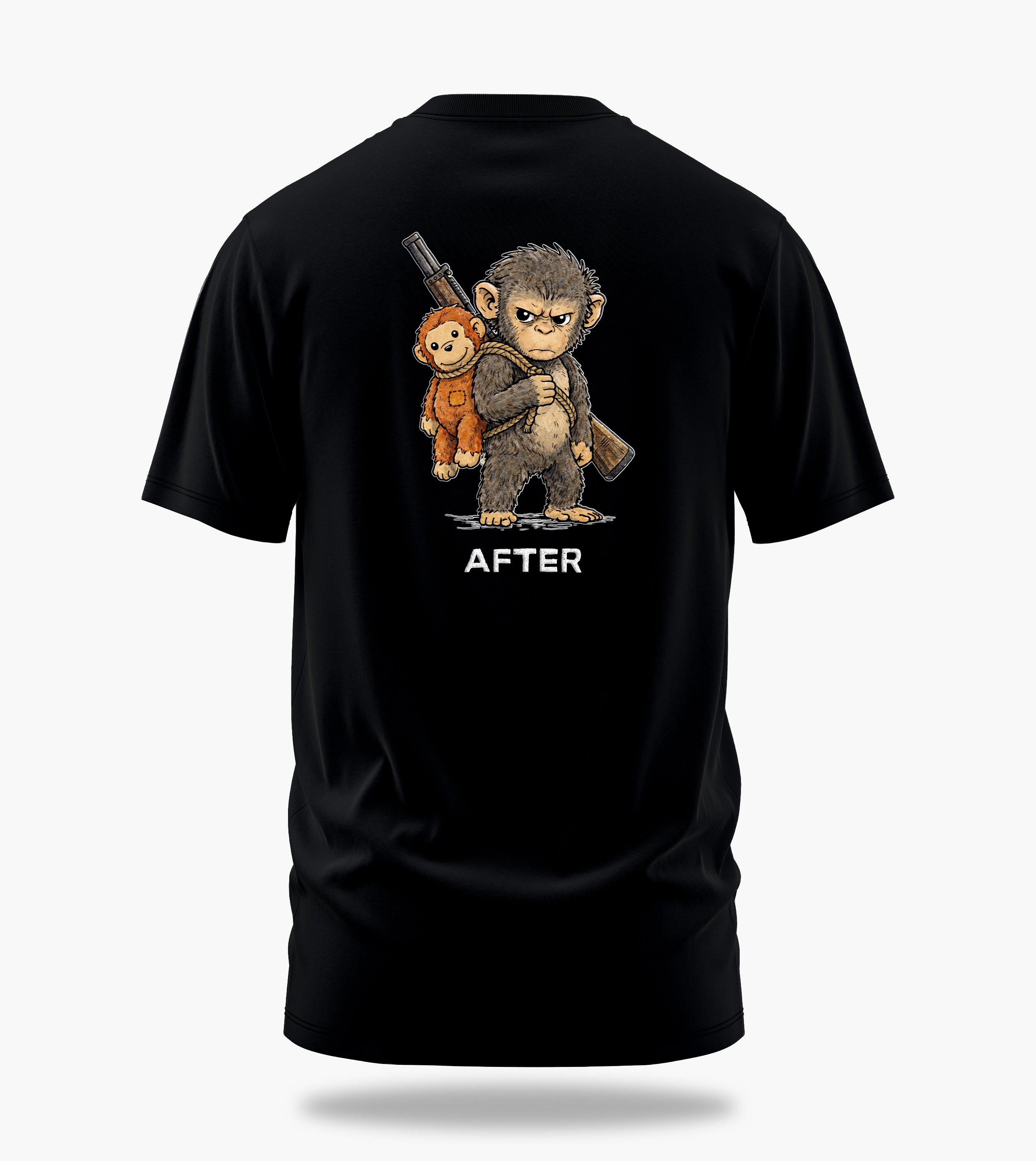 punch the baby monkey before after graphic t-shirt, black, back view