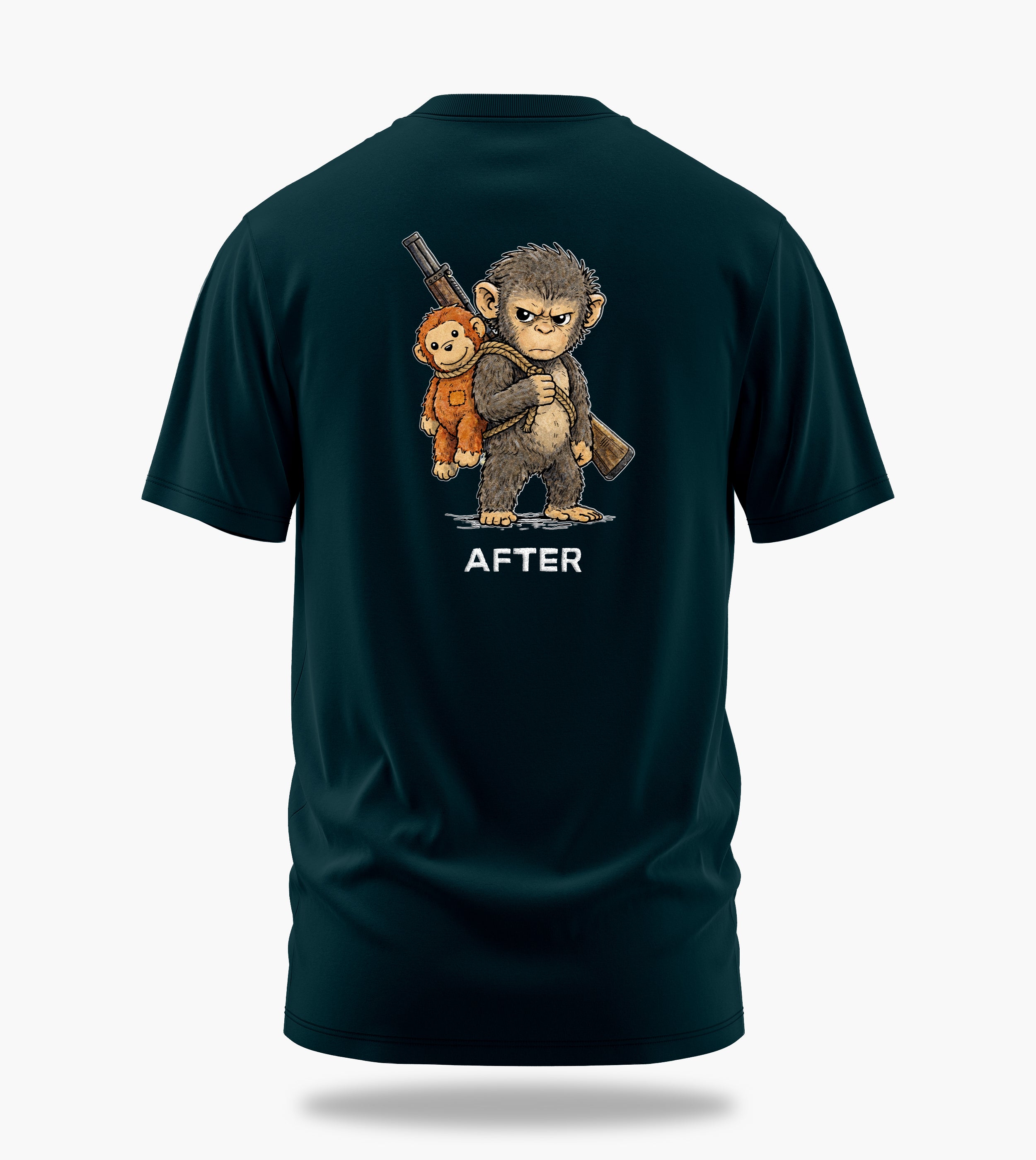 punch the baby monkey before after graphic t-shirt, petrol blue, back view