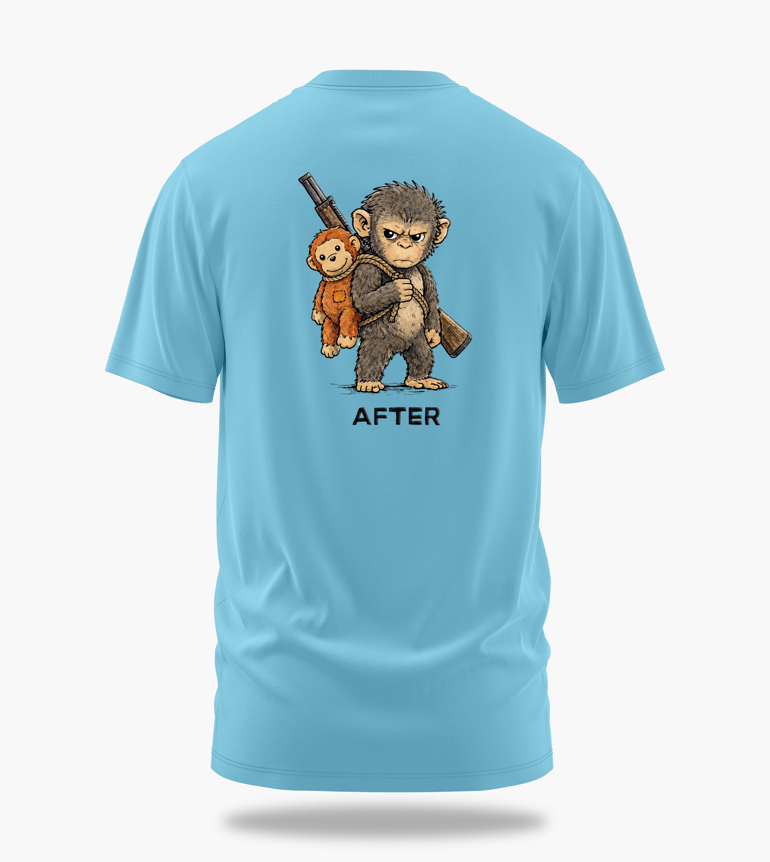 punch the baby monkey before after graphic t-shirt, baby blue, back view