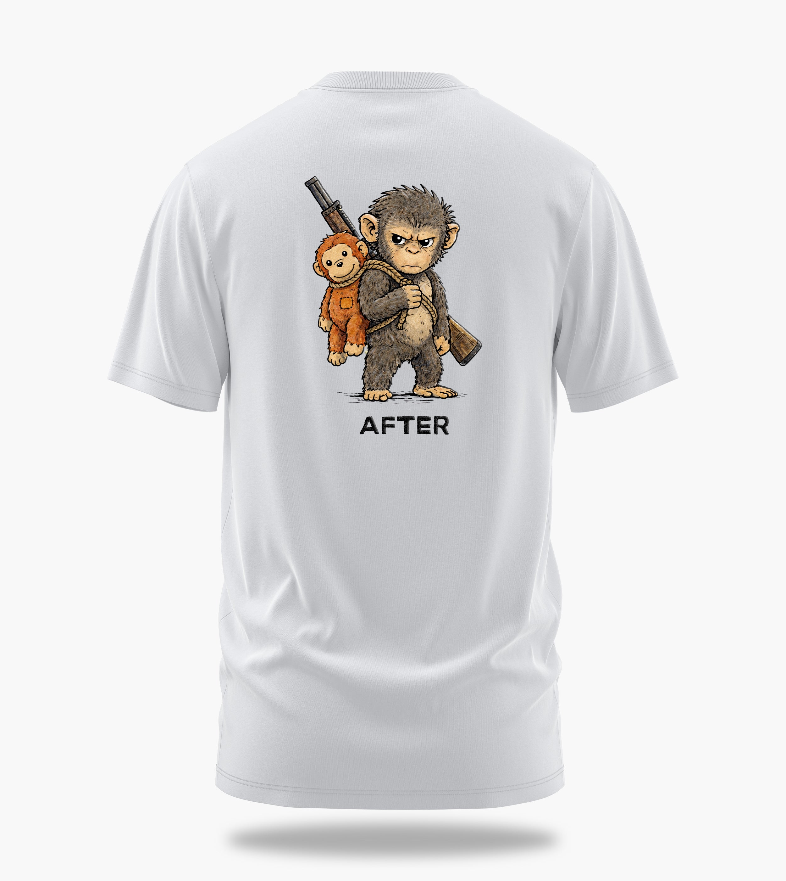 punch the baby monkey before after graphic t-shirt, white, back view