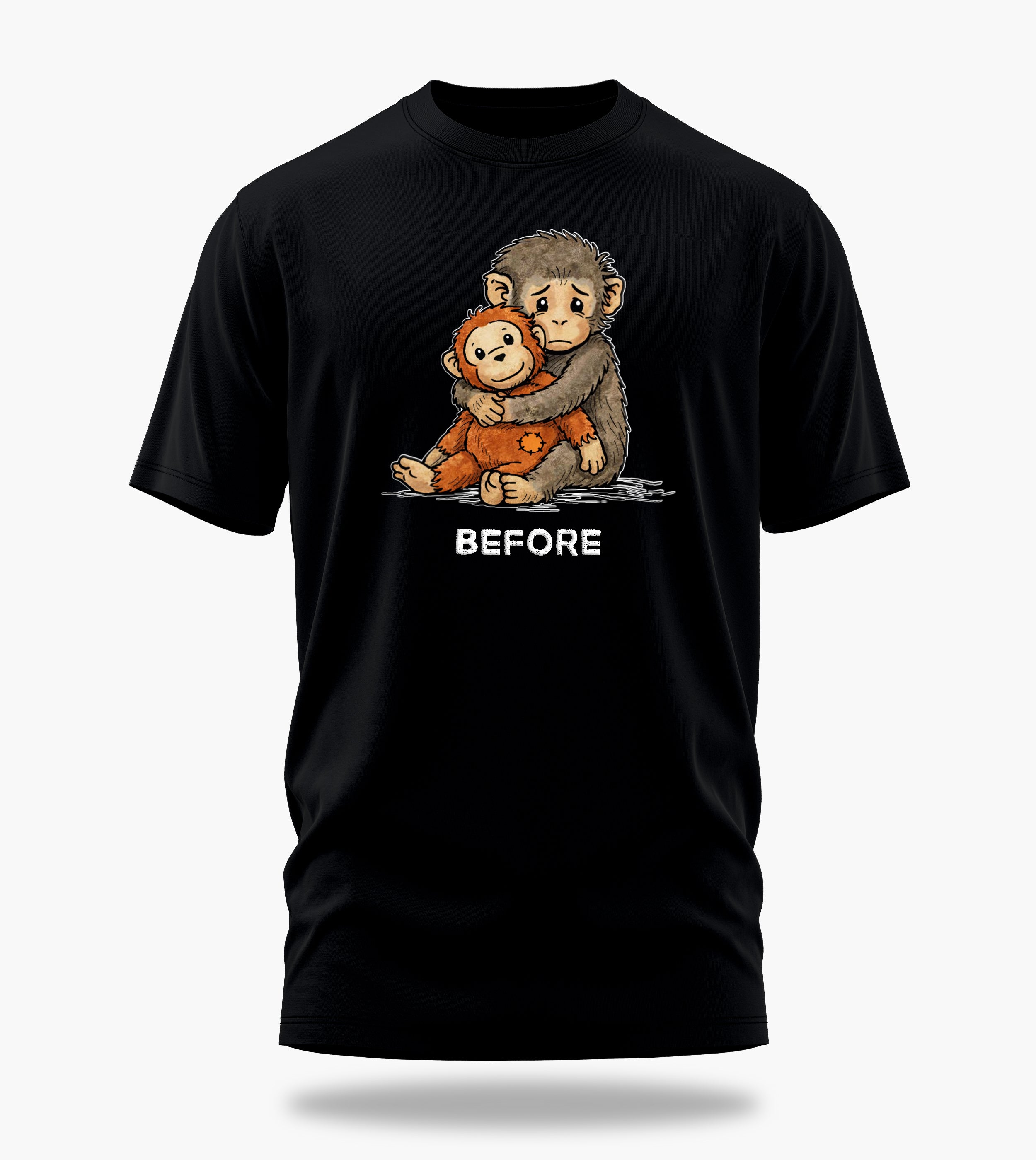 punch the baby monkey before after graphic t-shirt, black, front view