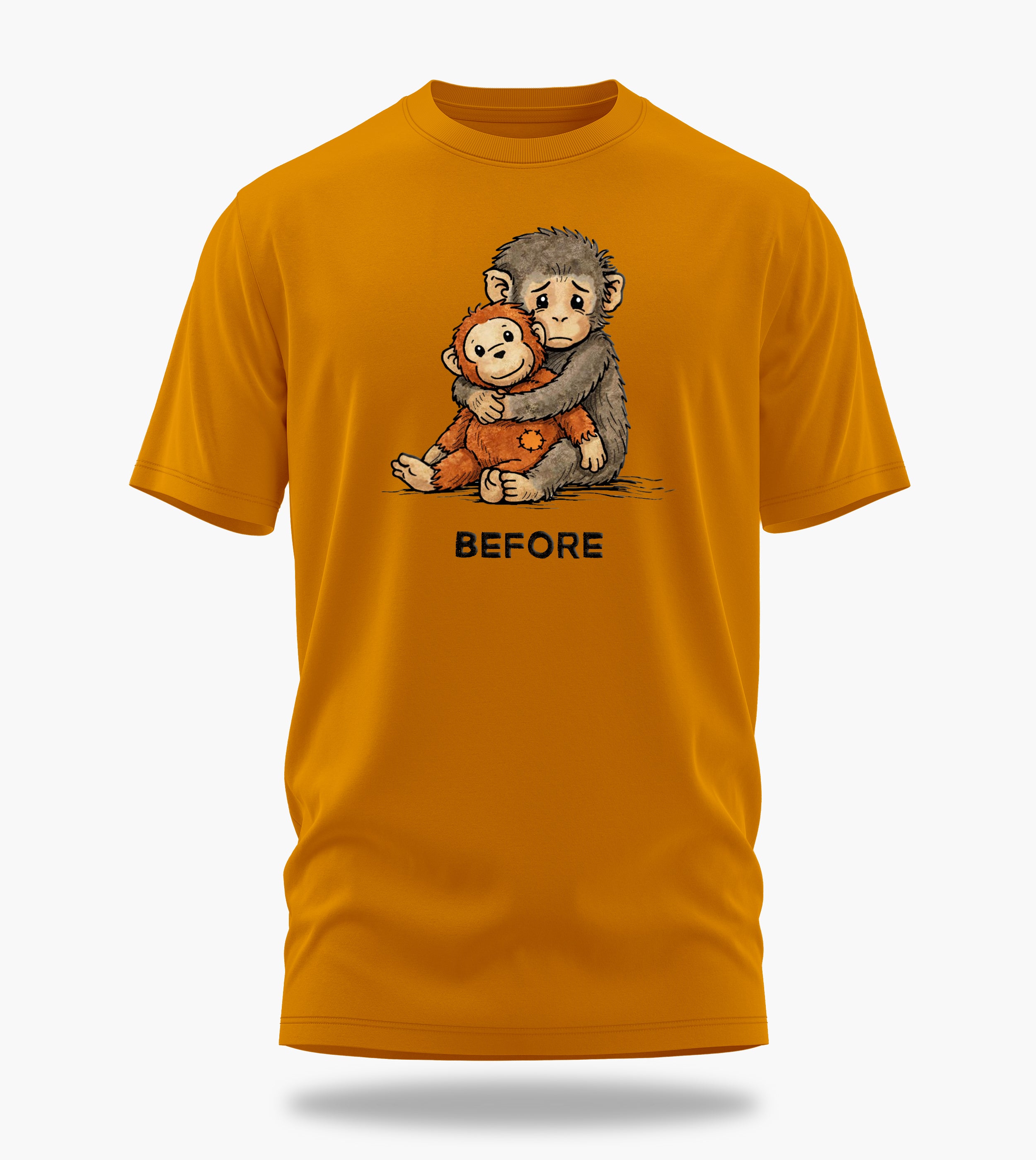 punch the baby monkey before after graphic t-shirt, golden yellow, front view