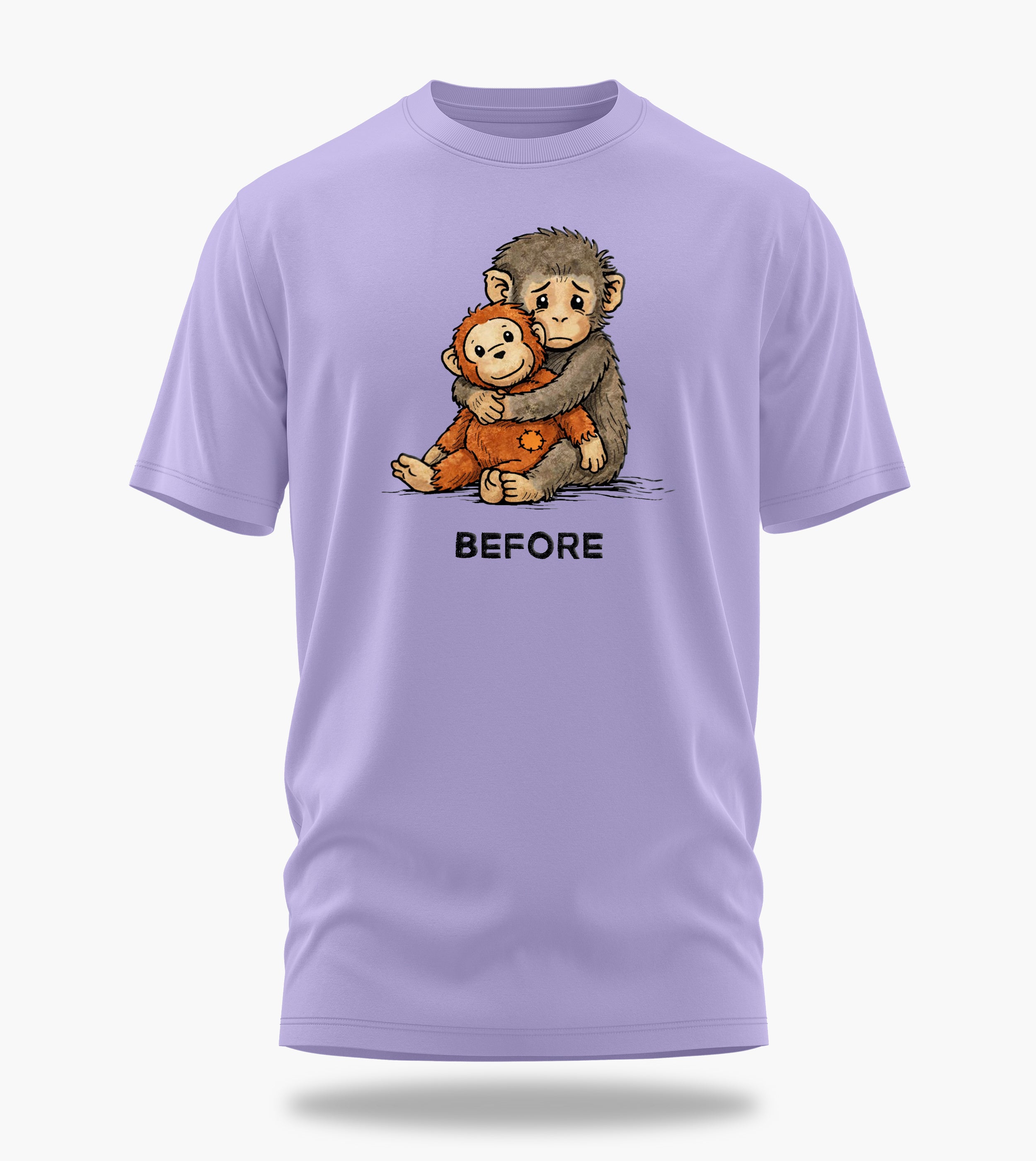 punch the baby monkey before after graphic t-shirt, lavender, front view