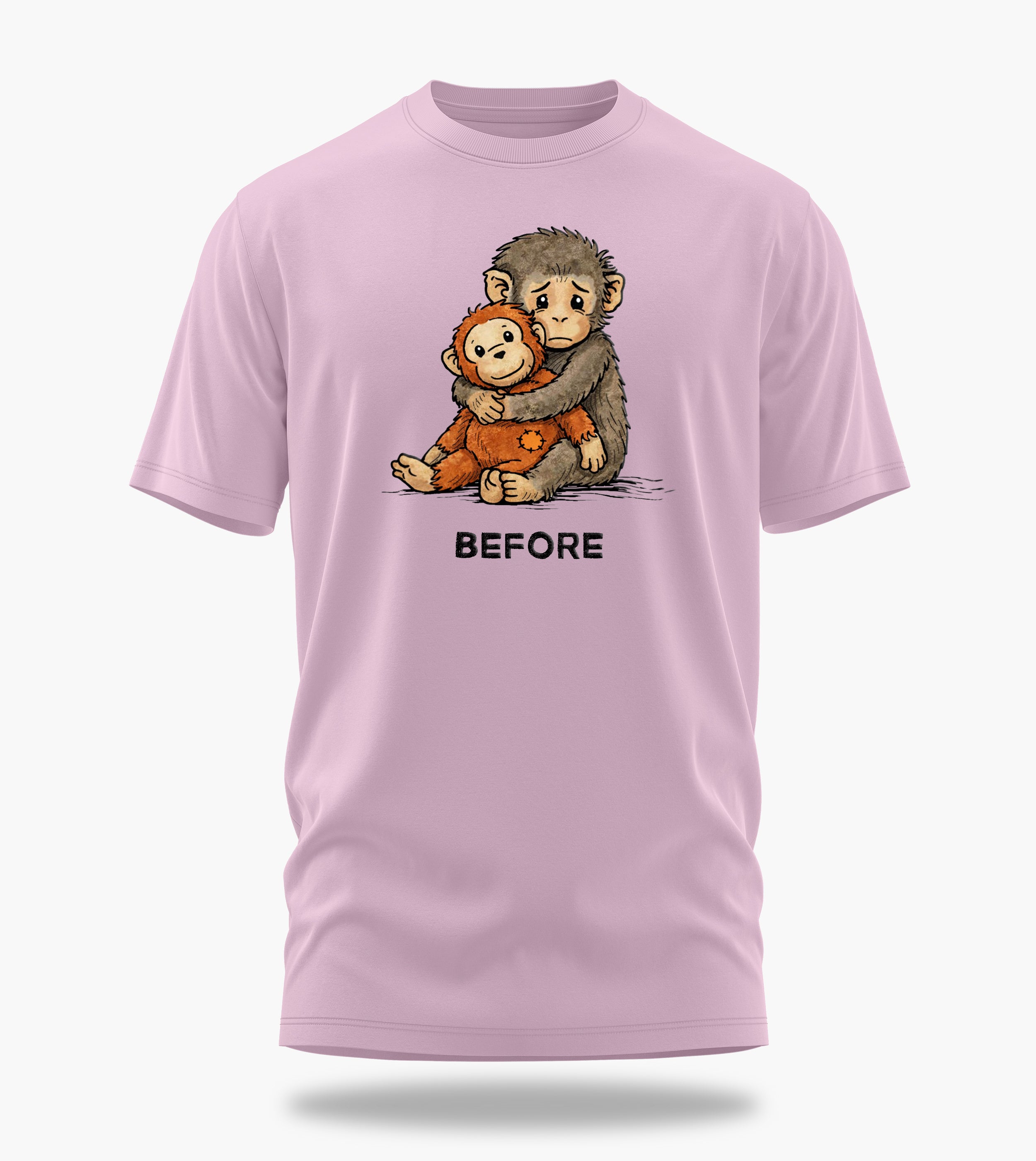 punch the baby monkey before after graphic t-shirt, light baby pink, front view