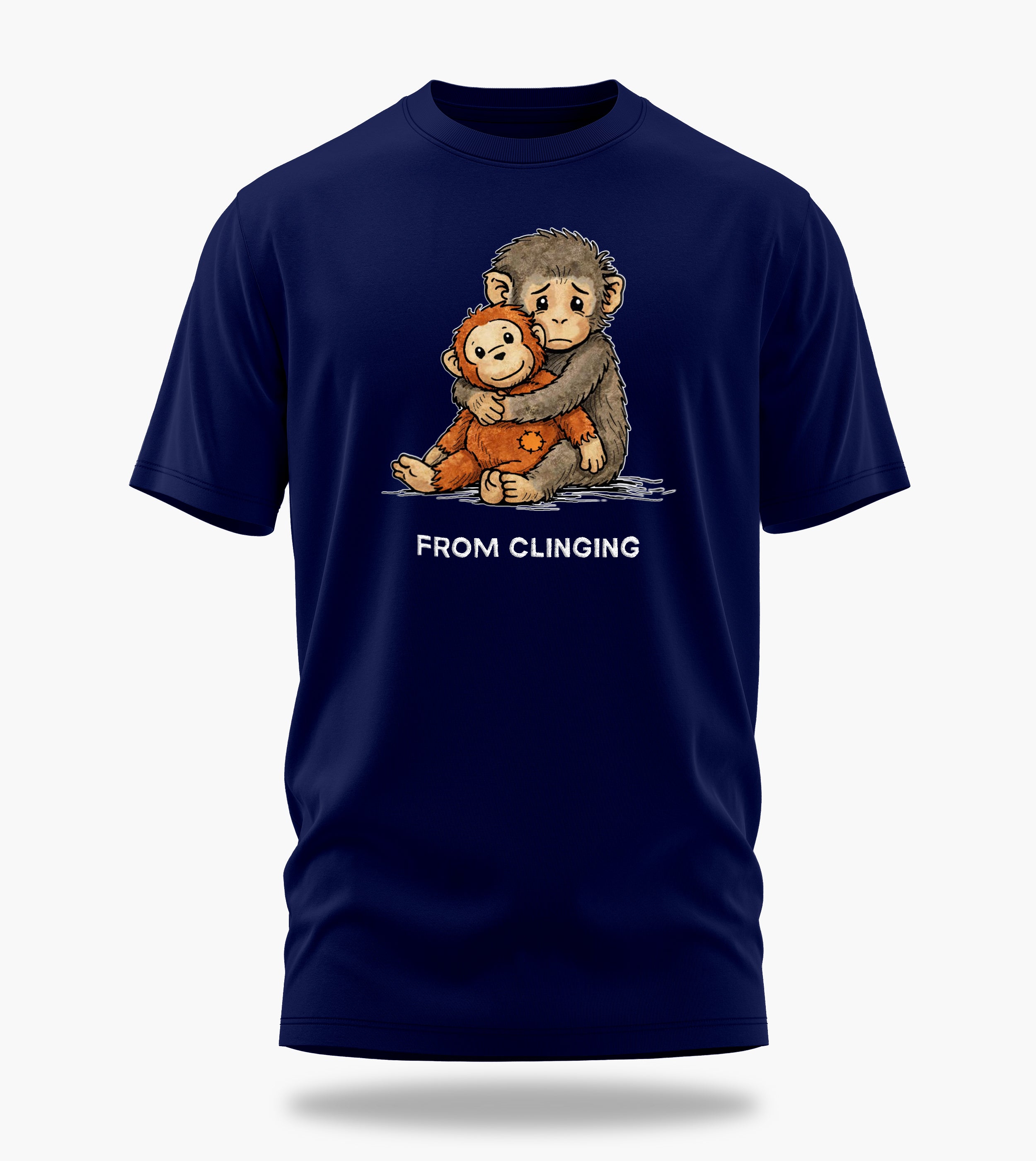 punch the baby monkey clinging to conquering graphic t-shirt, navy blue, front view