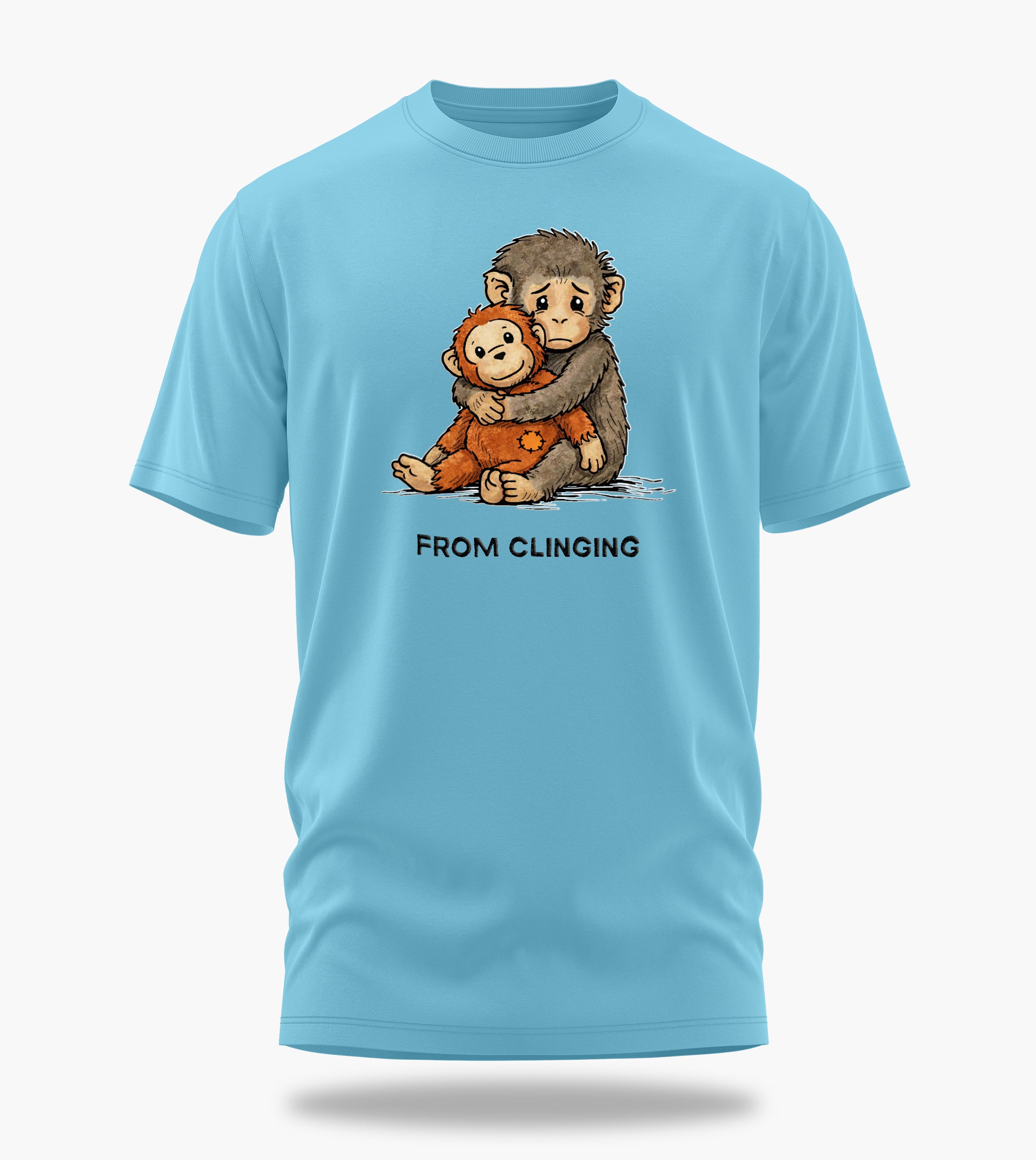 punch the baby monkey clinging to conquering graphic t-shirt, baby blue, front view