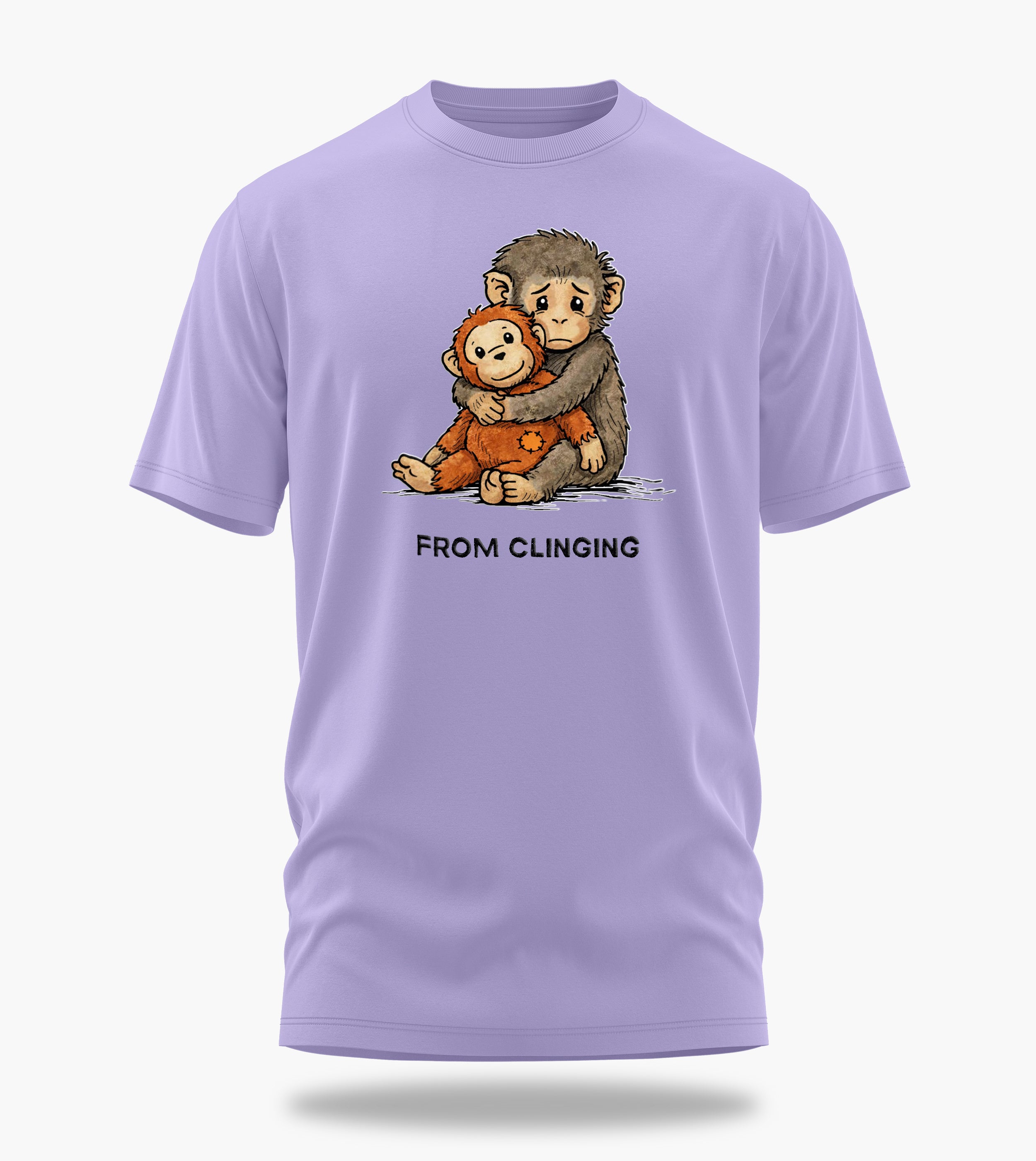 punch the baby monkey clinging to conquering graphic t-shirt, lavender, front view