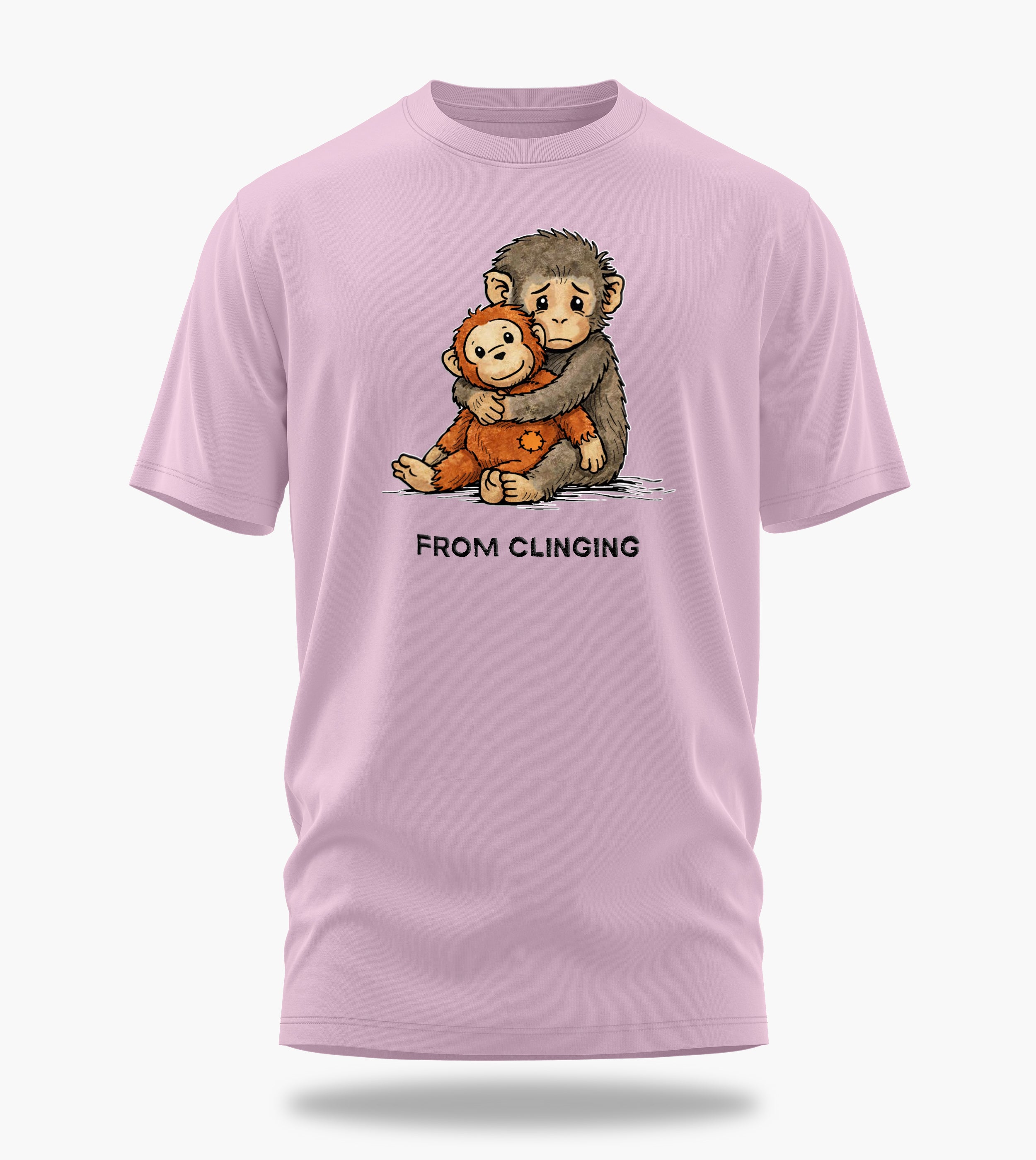 punch the baby monkey clinging to conquering graphic t-shirt, light baby pink, front view