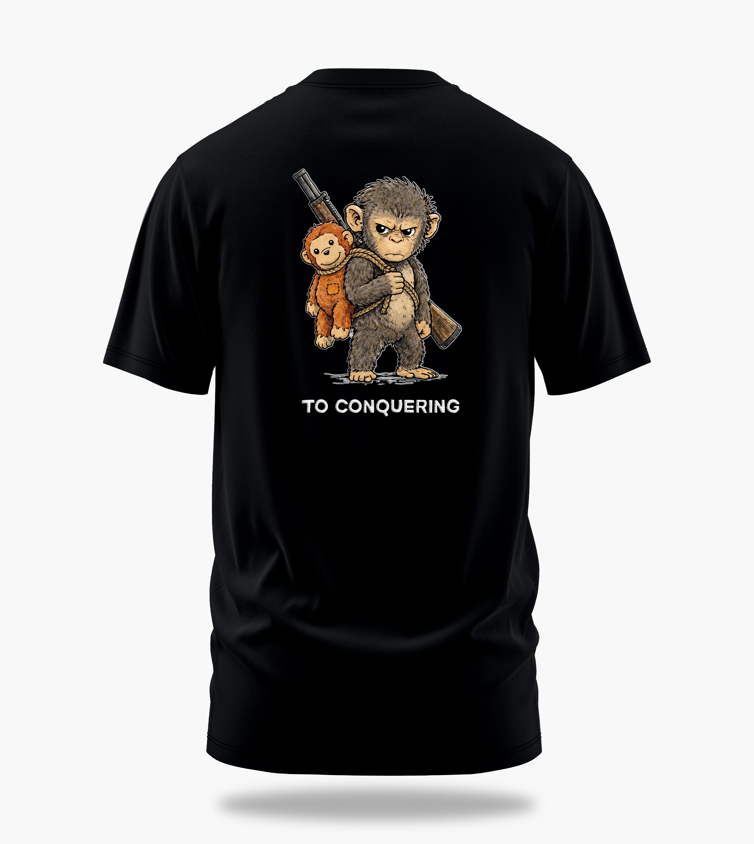punch the baby monkey clinging to conquering graphic t-shirt, black, back view