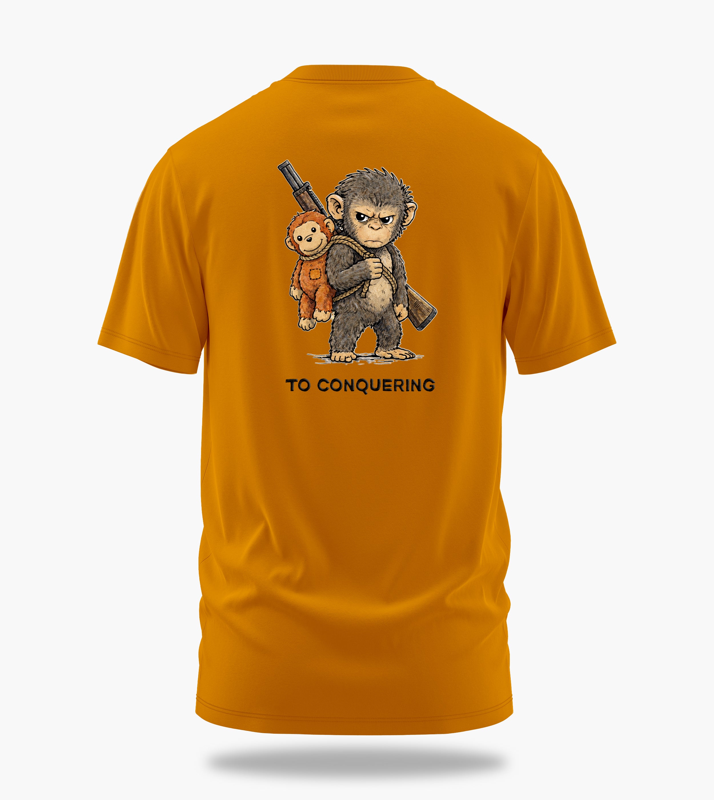 punch the baby monkey clinging to conquering graphic t-shirt, golden yellow, back view