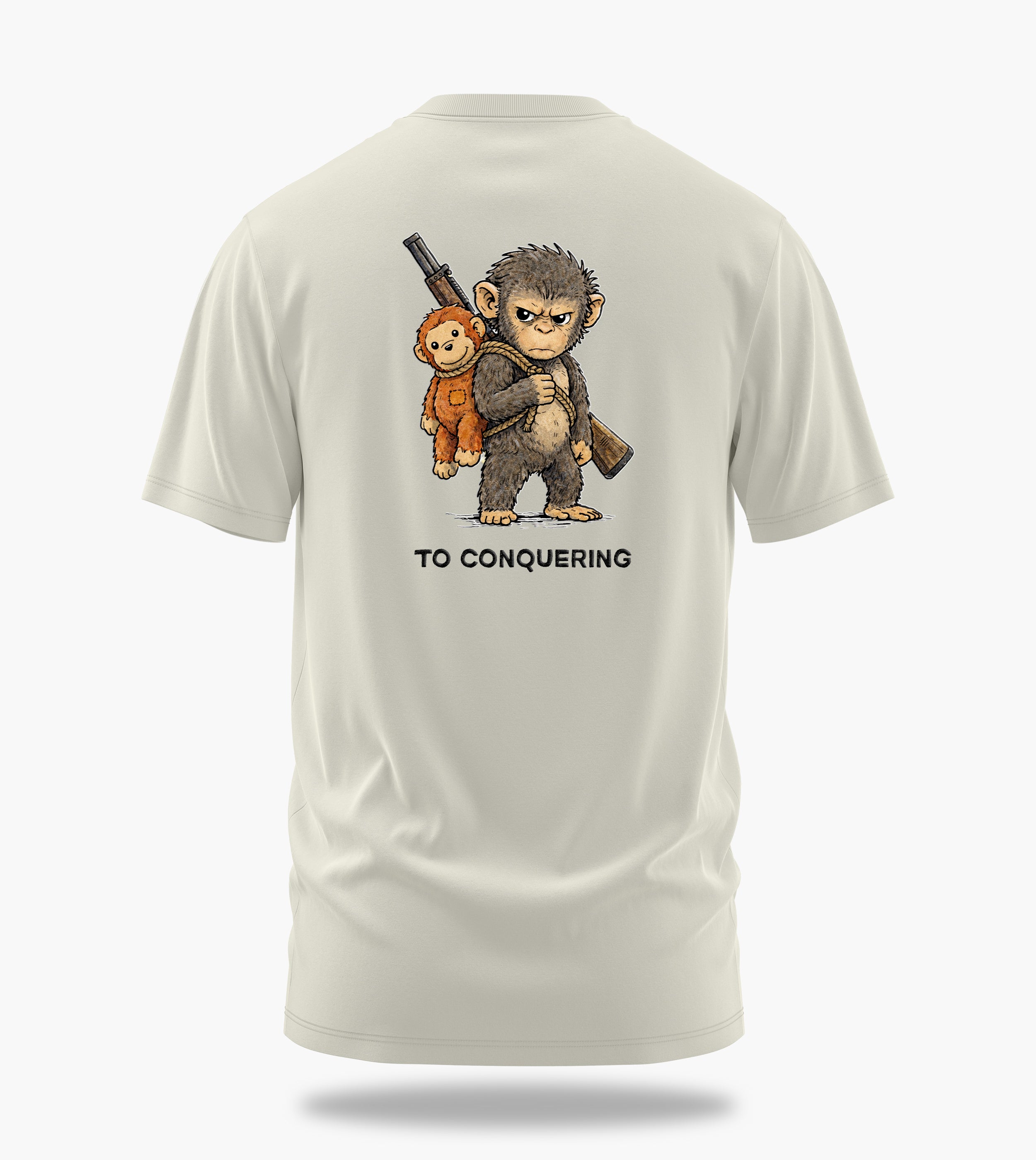 punch the baby monkey clinging to conquering graphic t-shirt, white, back view