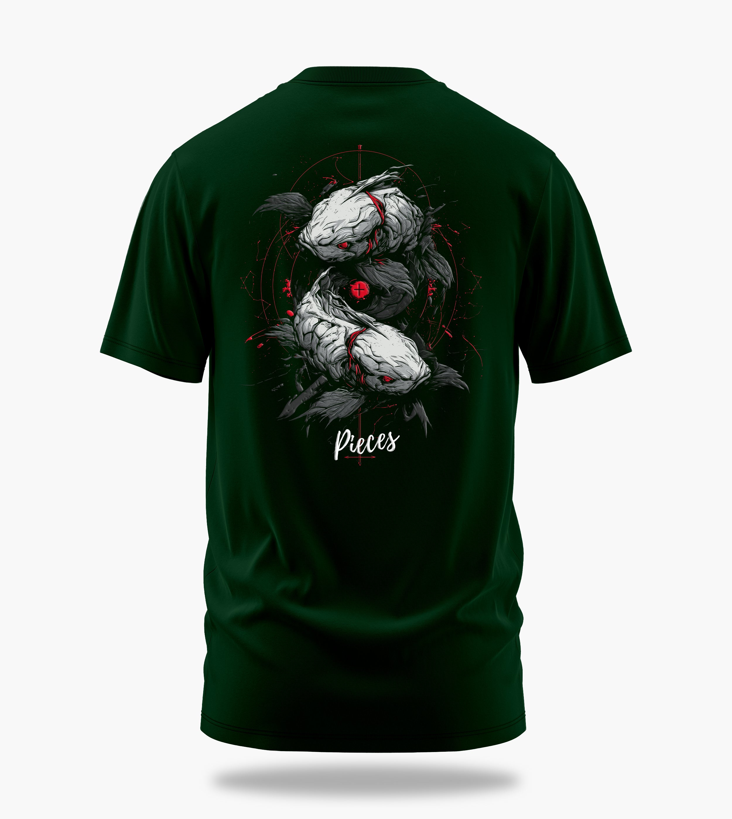 cosmic zodiac warrior pisces backprint graphic t-shirt, dark green, back view