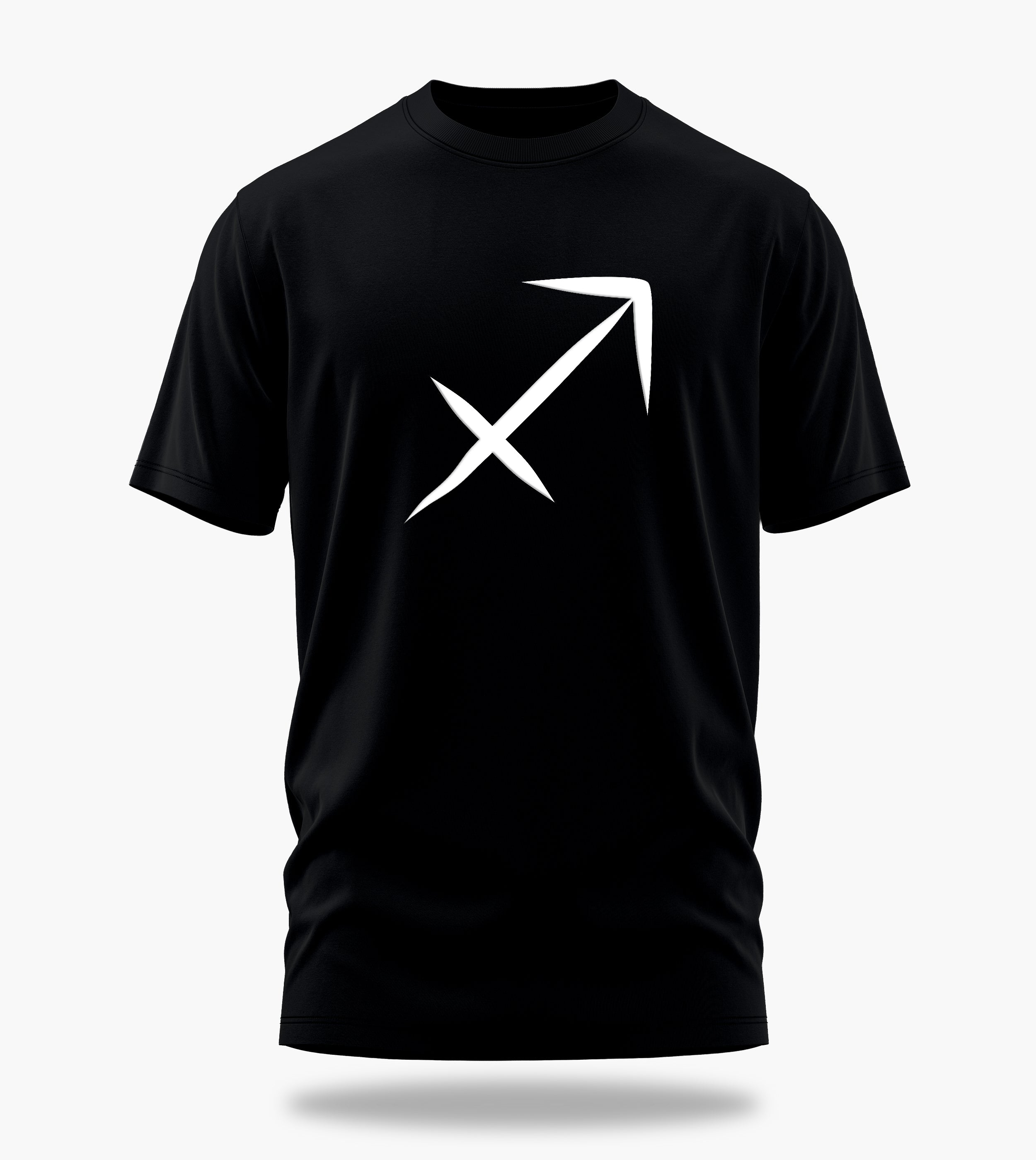 cosmic zodiac warrior sagittarius backprint graphic t-shirt, black, front view