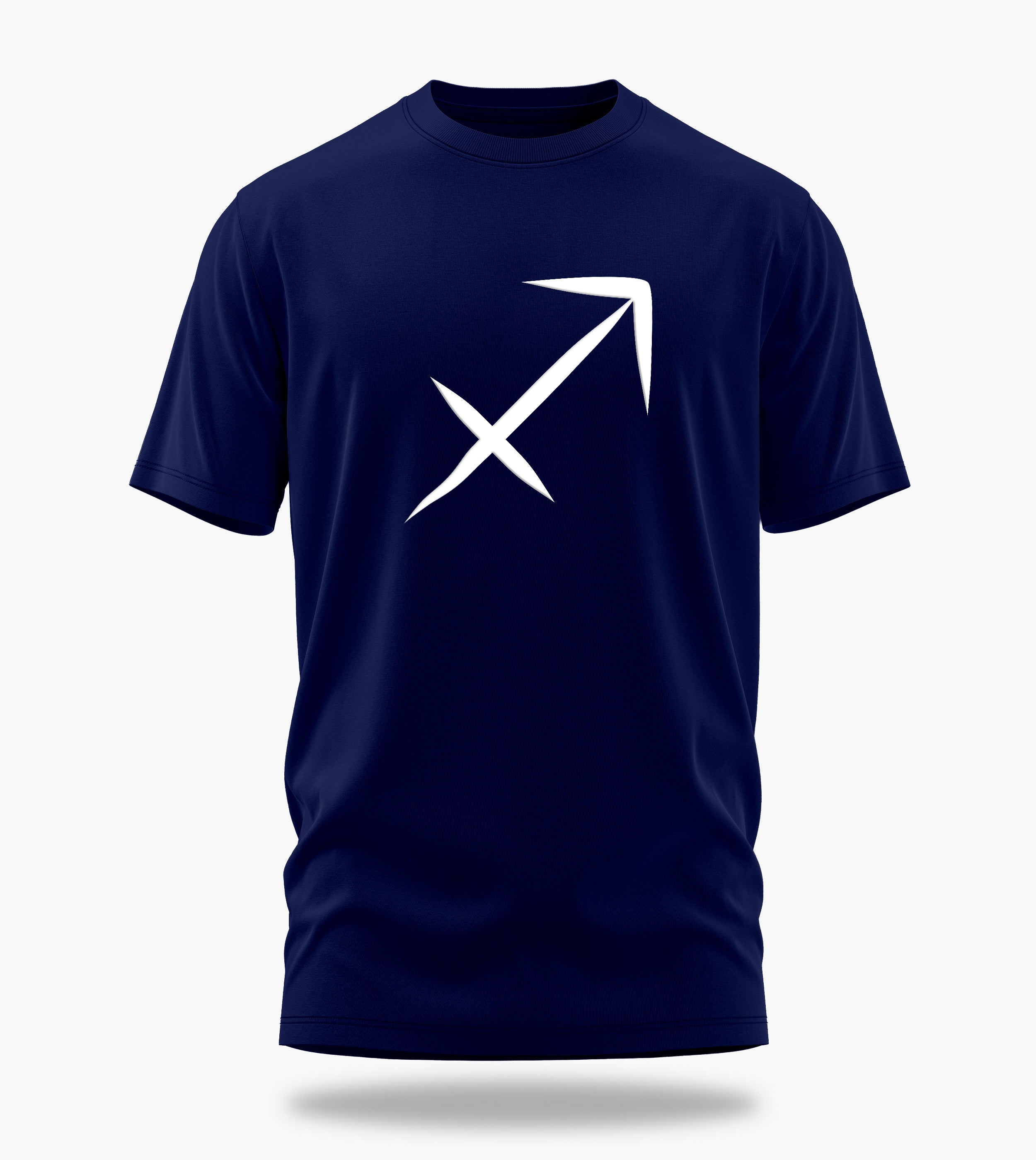 cosmic zodiac warrior sagittarius backprint graphic t-shirt, navy blue, front view