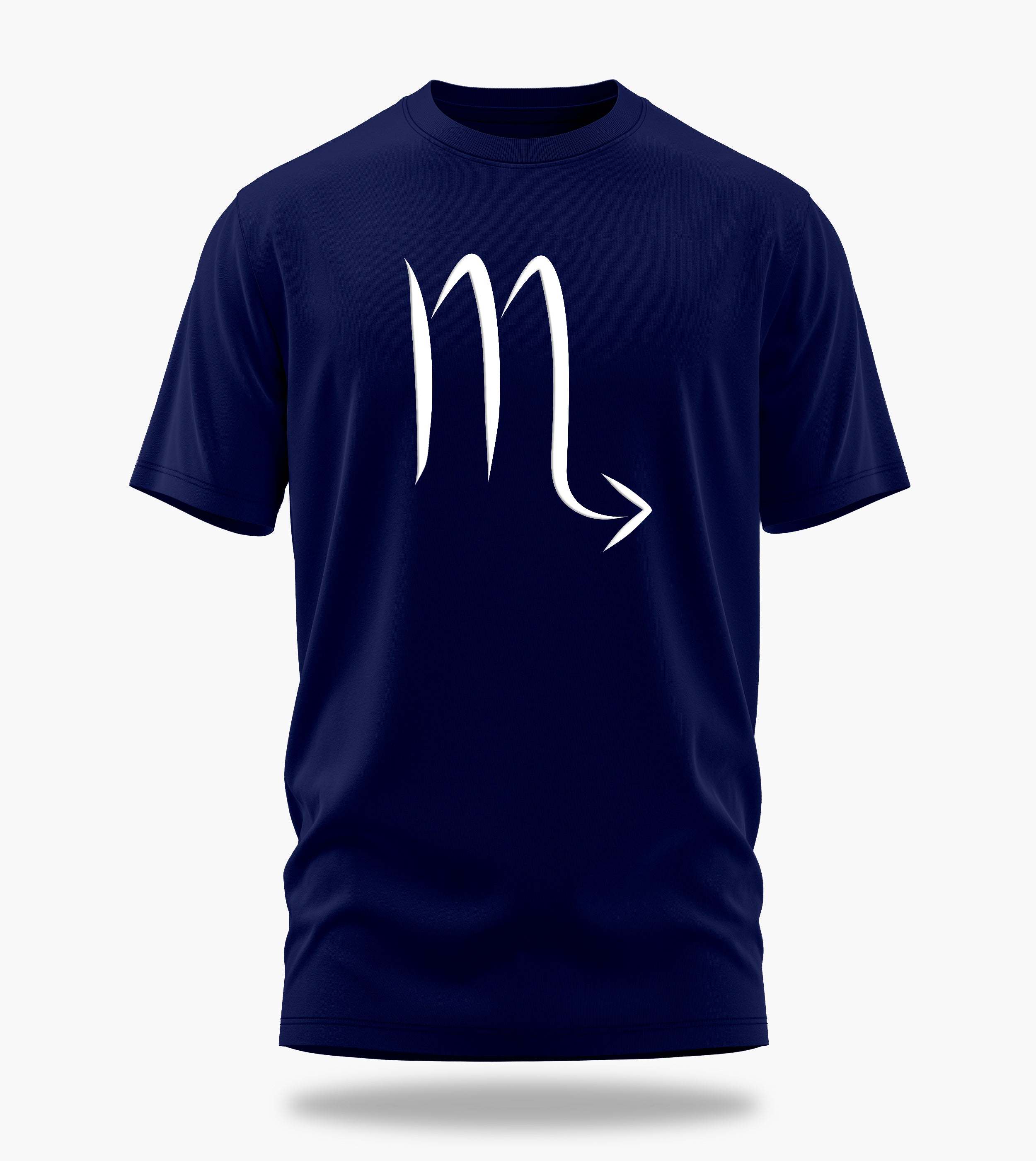 cosmic zodiac warrior scorpio backprint graphic t-shirt, navy blue, front view