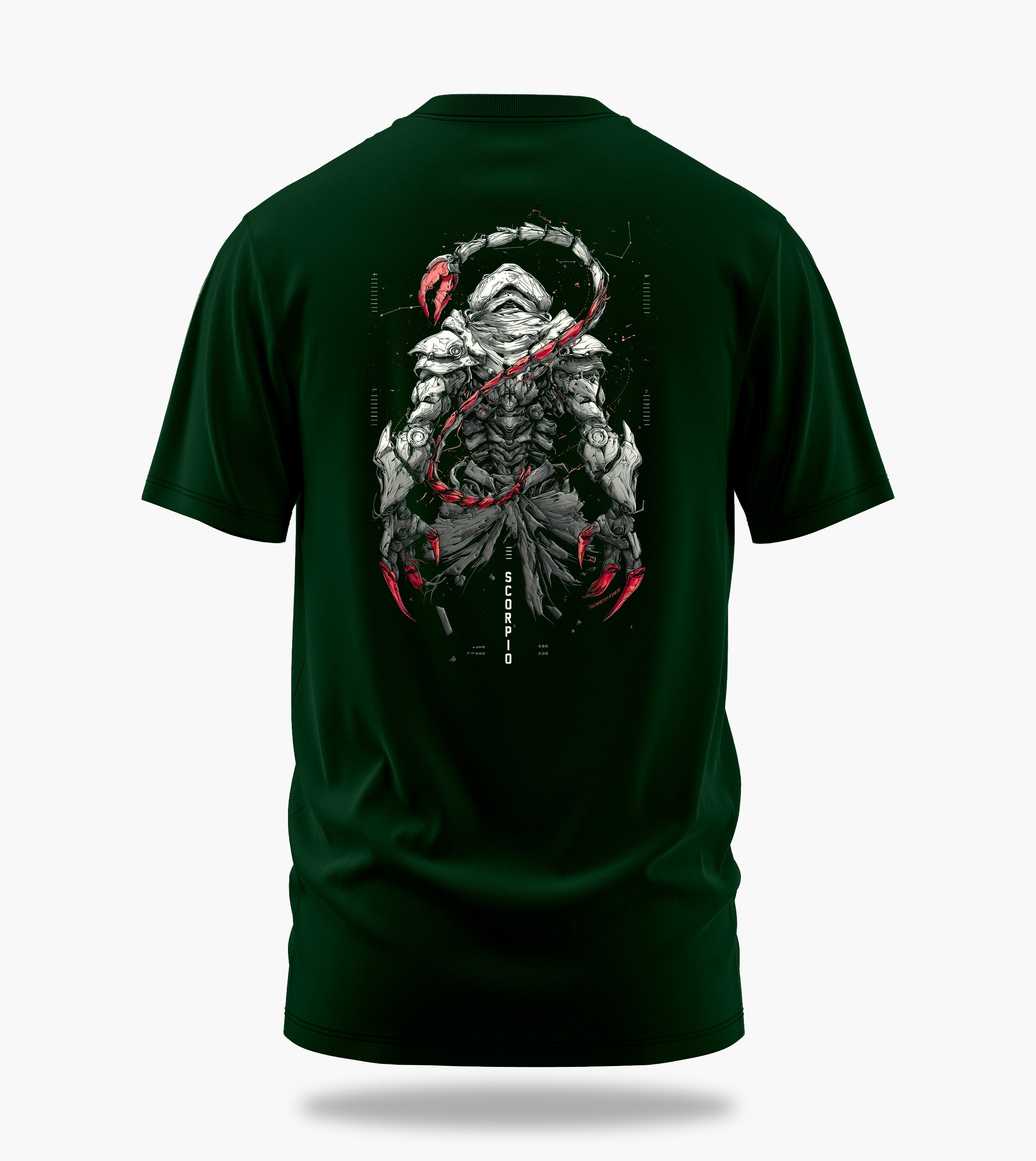 cosmic zodiac warrior scorpio backprint graphic t-shirt, dark green, back view