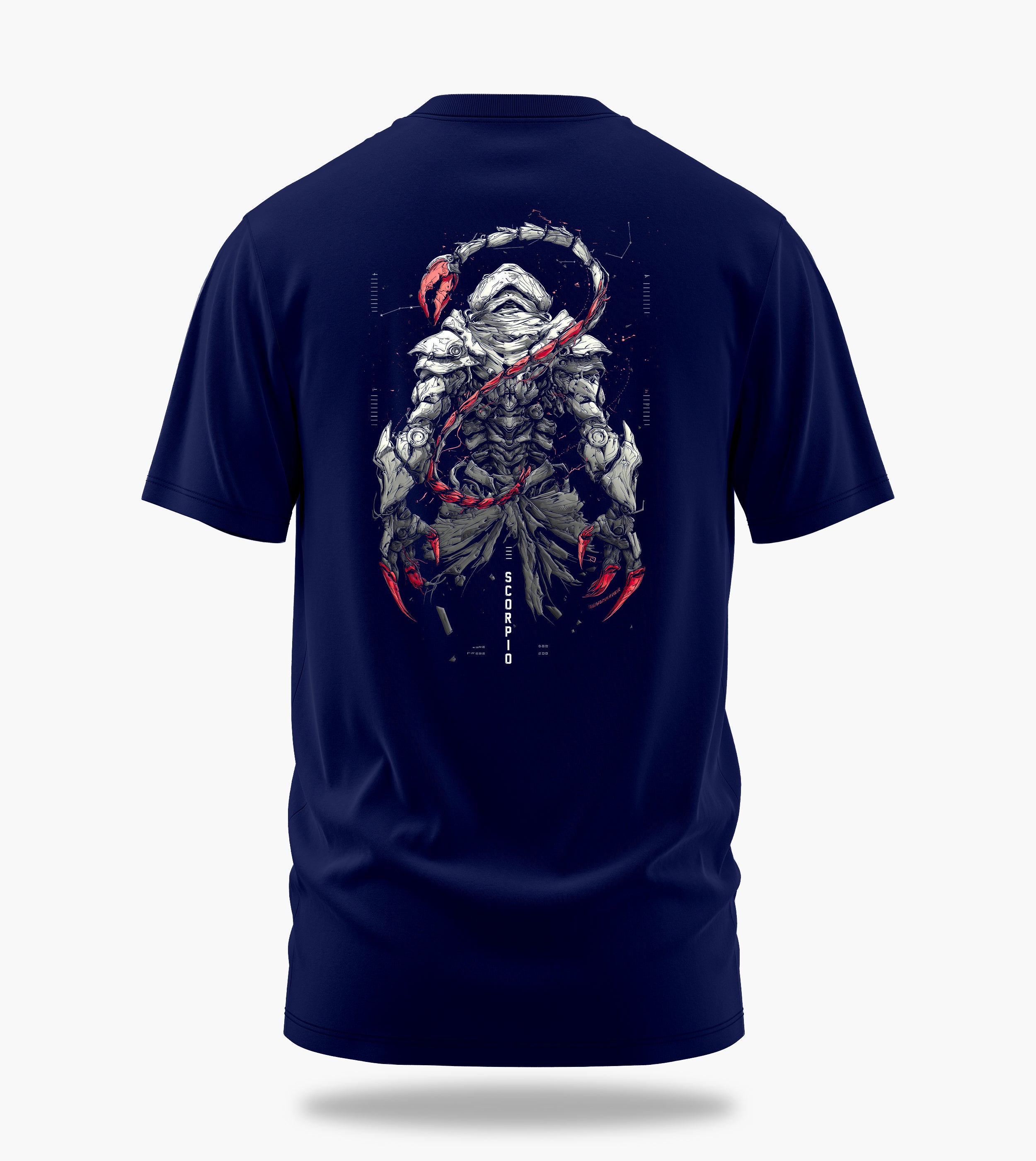 cosmic zodiac warrior scorpio backprint graphic t-shirt, navy blue, back view