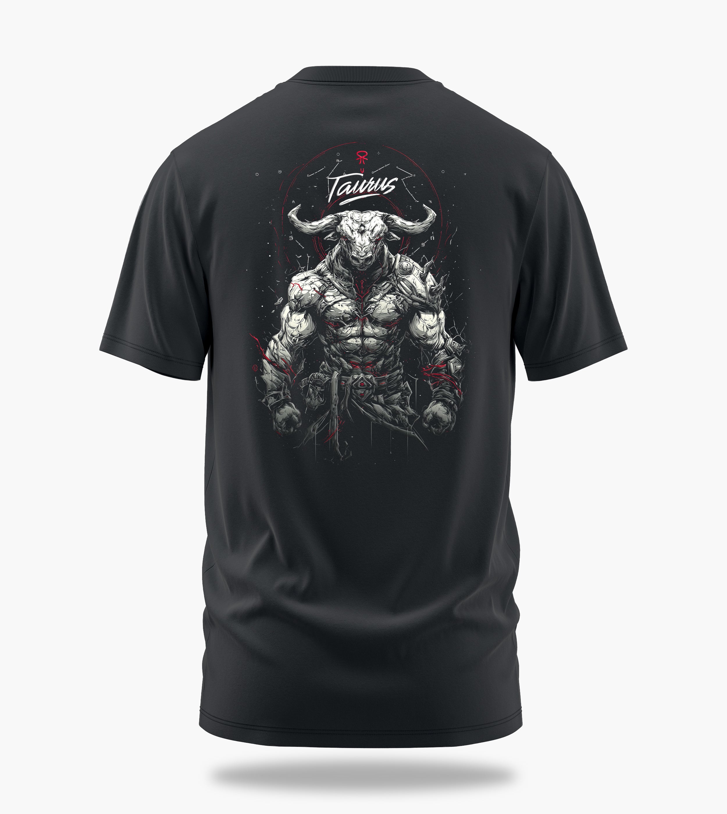 cosmic zodiac warrior taurus backprint graphic t-shirt, steel grey, back view