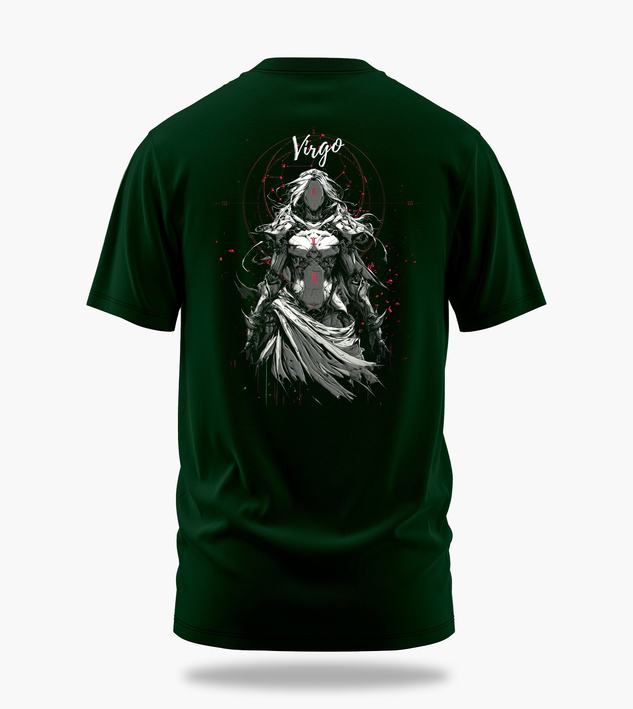 cosmic zodiac warrior virgo backprint graphic t-shirt, dark green, back view