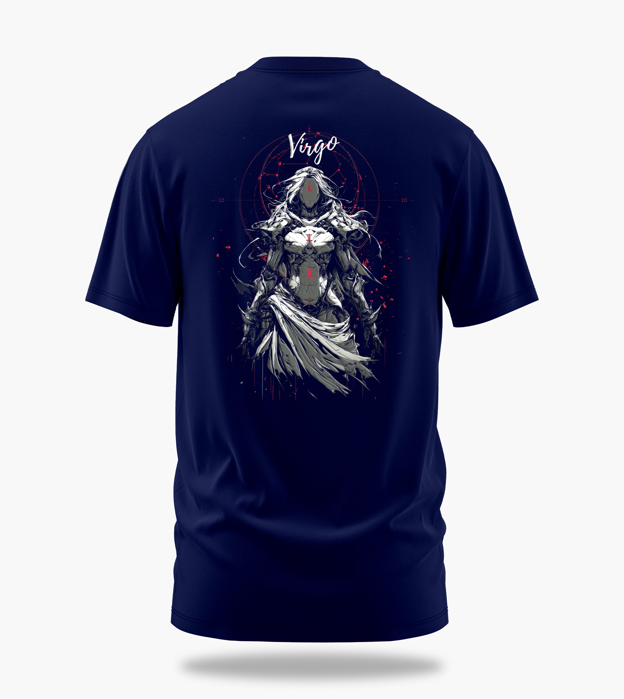 cosmic zodiac warrior virgo backprint graphic t-shirt, navy blue, back view